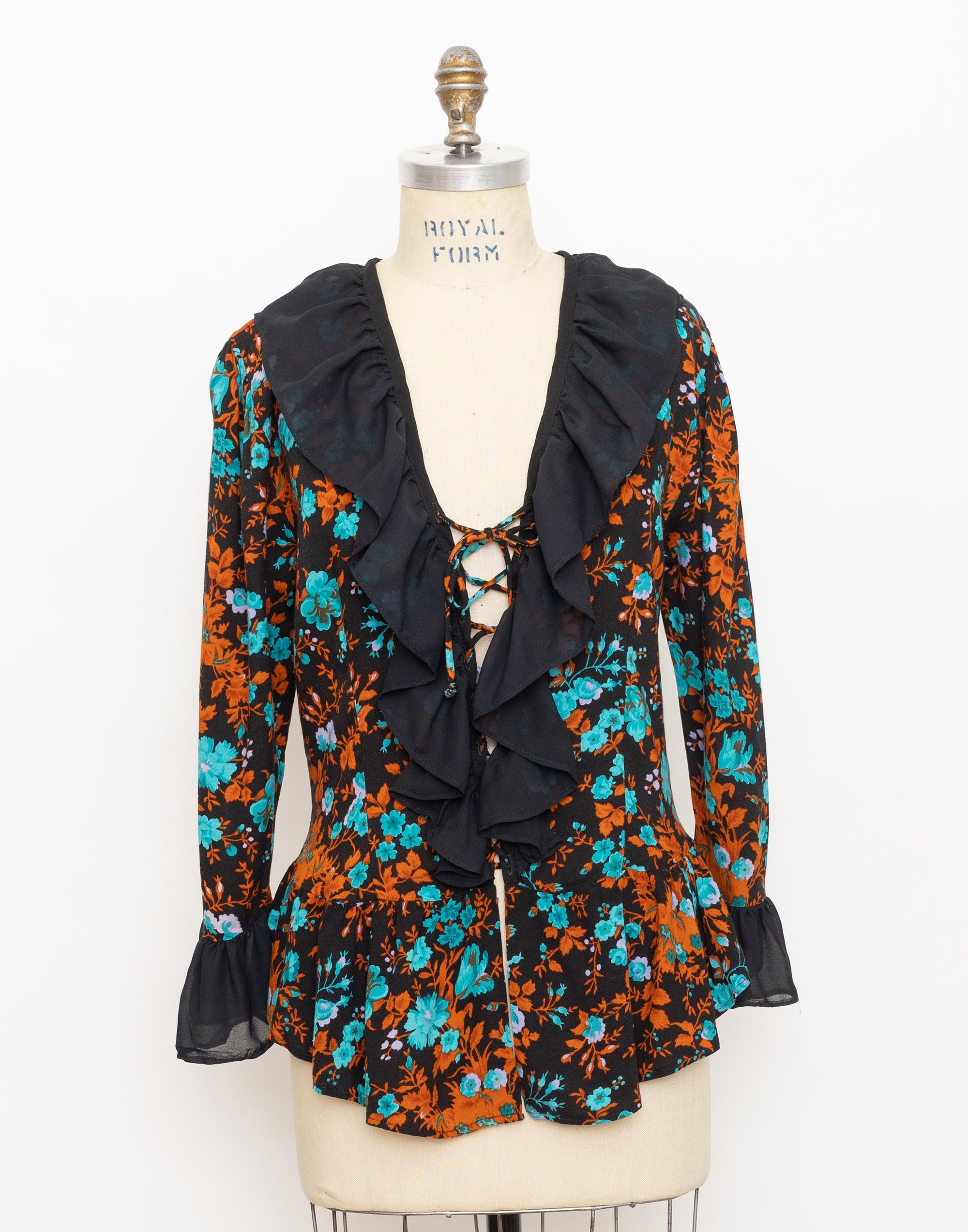 90s black ruffle floral print tie front blouse