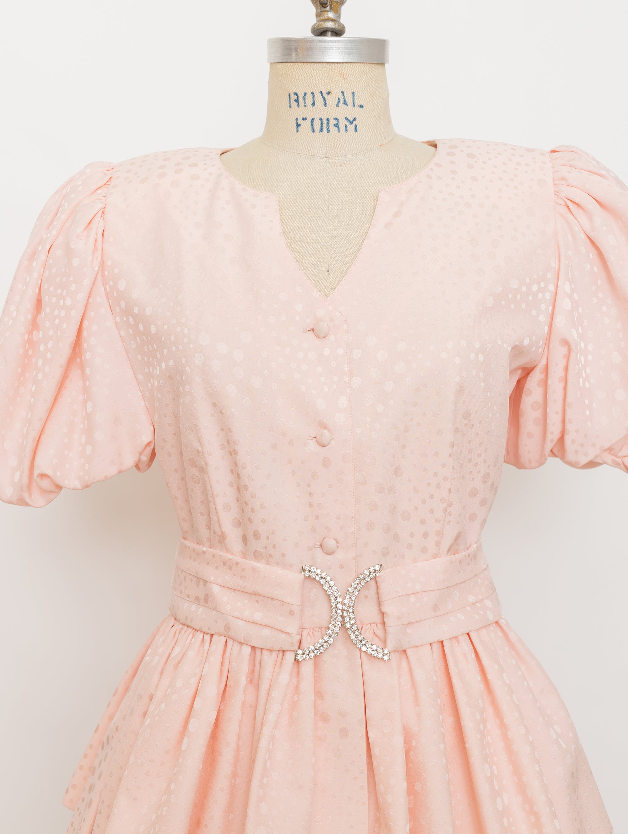 80s/90s St. Gillian Silks blush pink polka dot puffy sleeve peplum set with rhinestone belt 5