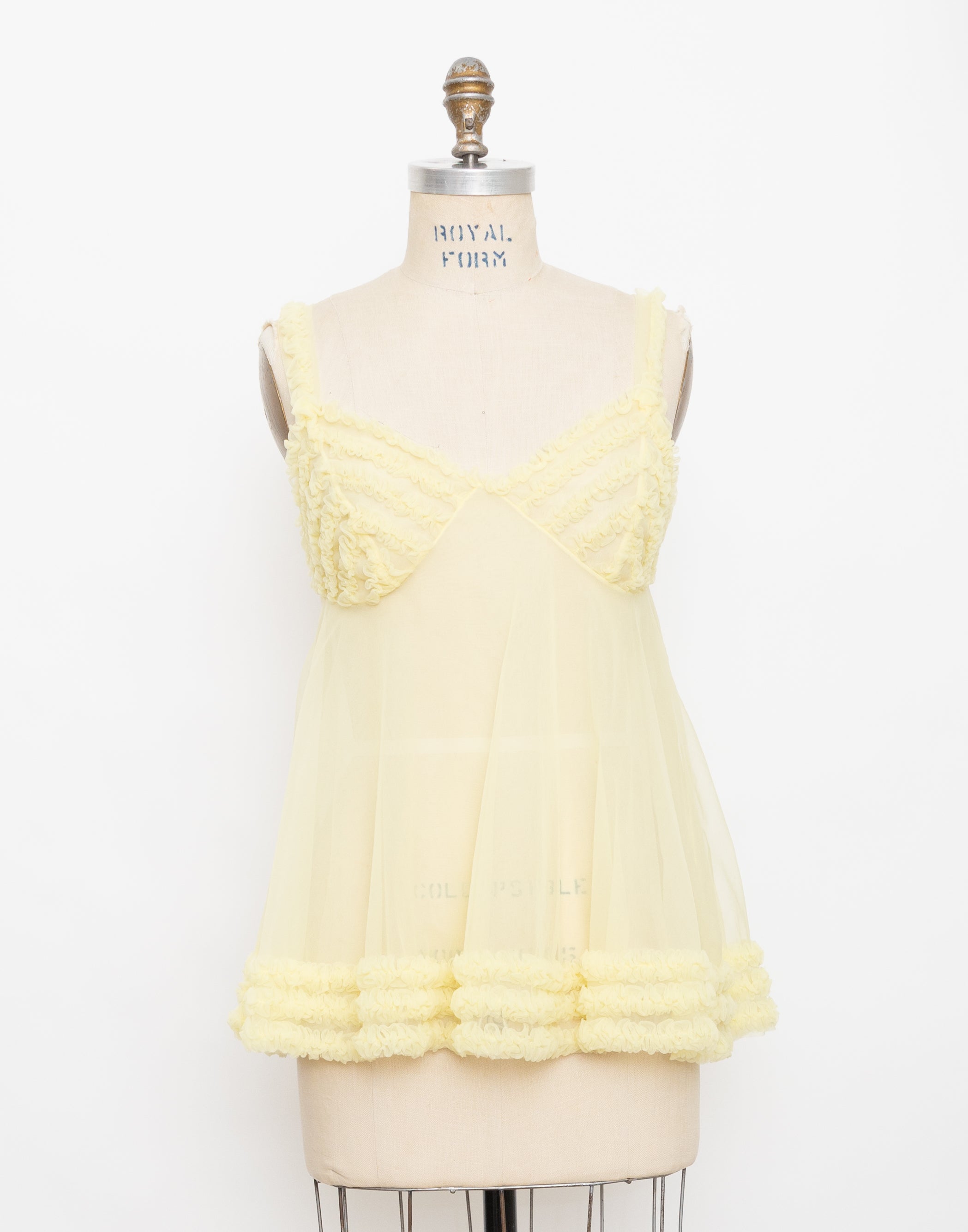 1960s yellow ruffle babydoll nylon sleep top 1