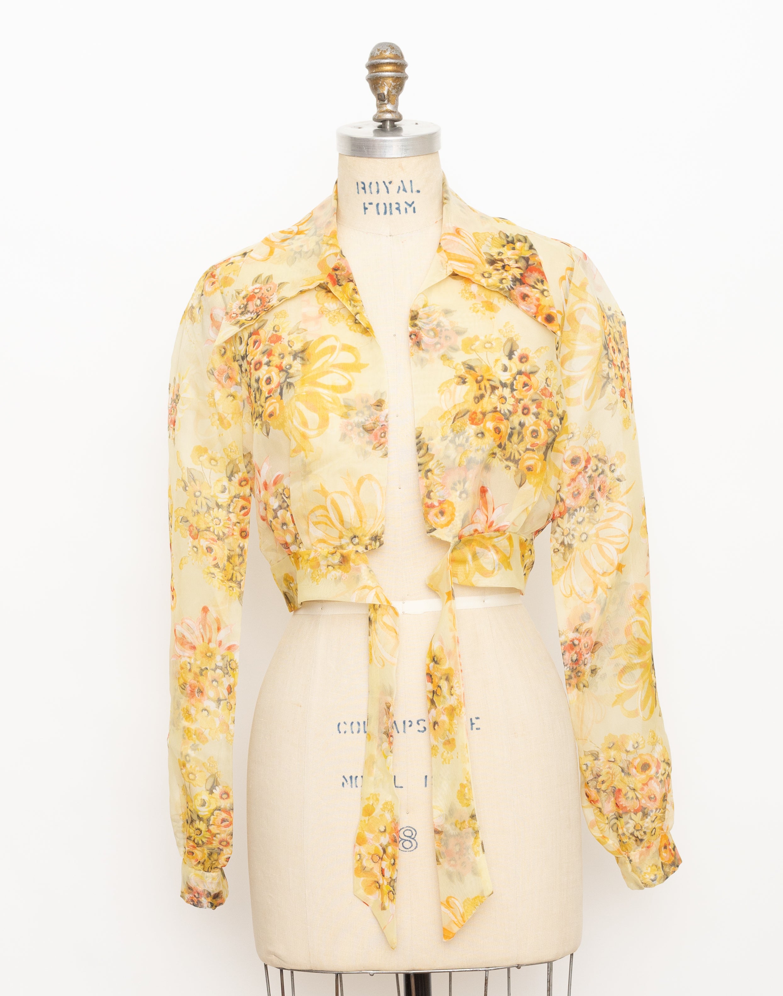 70s yellow floral sheer organza top