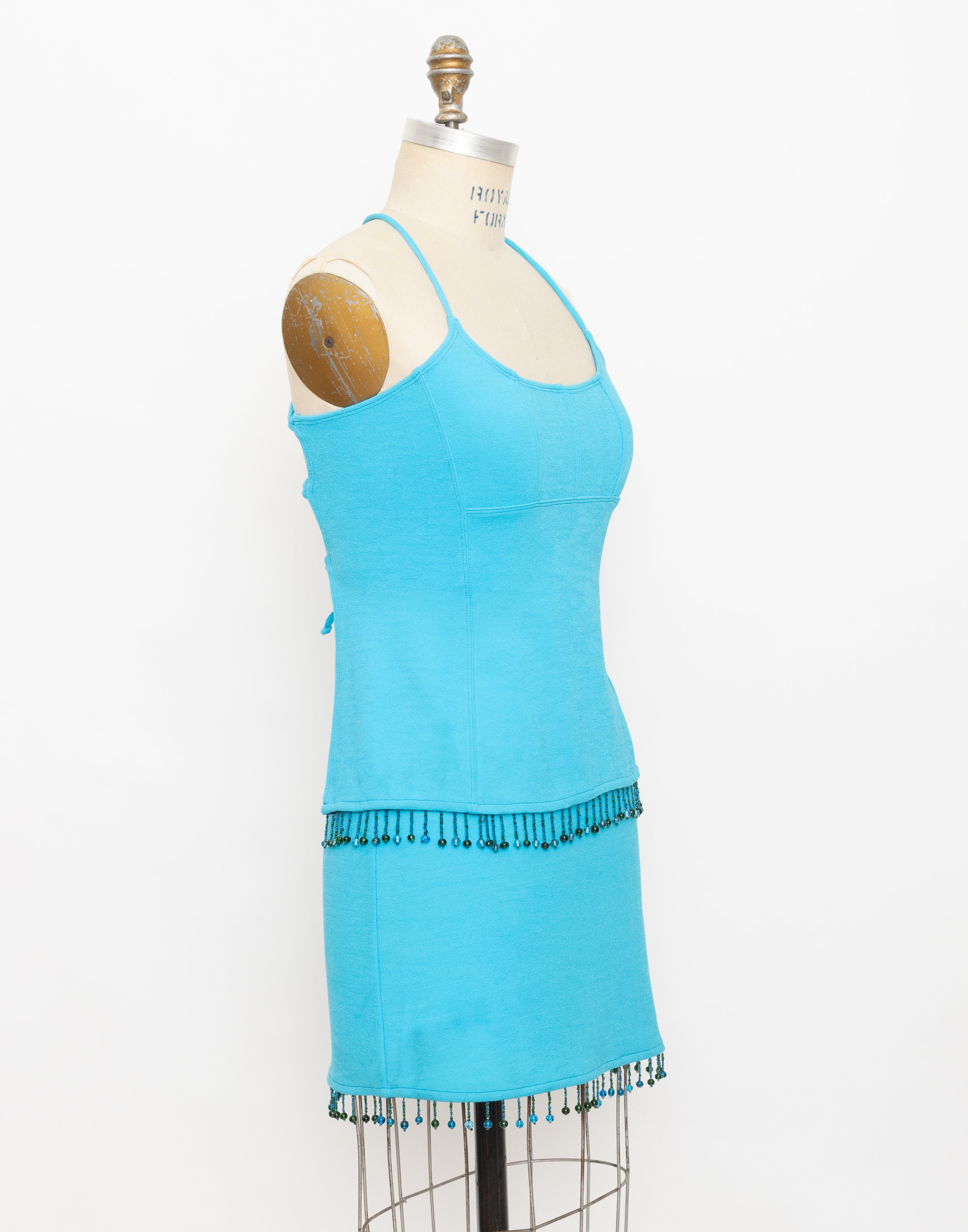 wedding dresses 2020 beach 90s cache bright turquoise beaded fringe trim top + skirt set