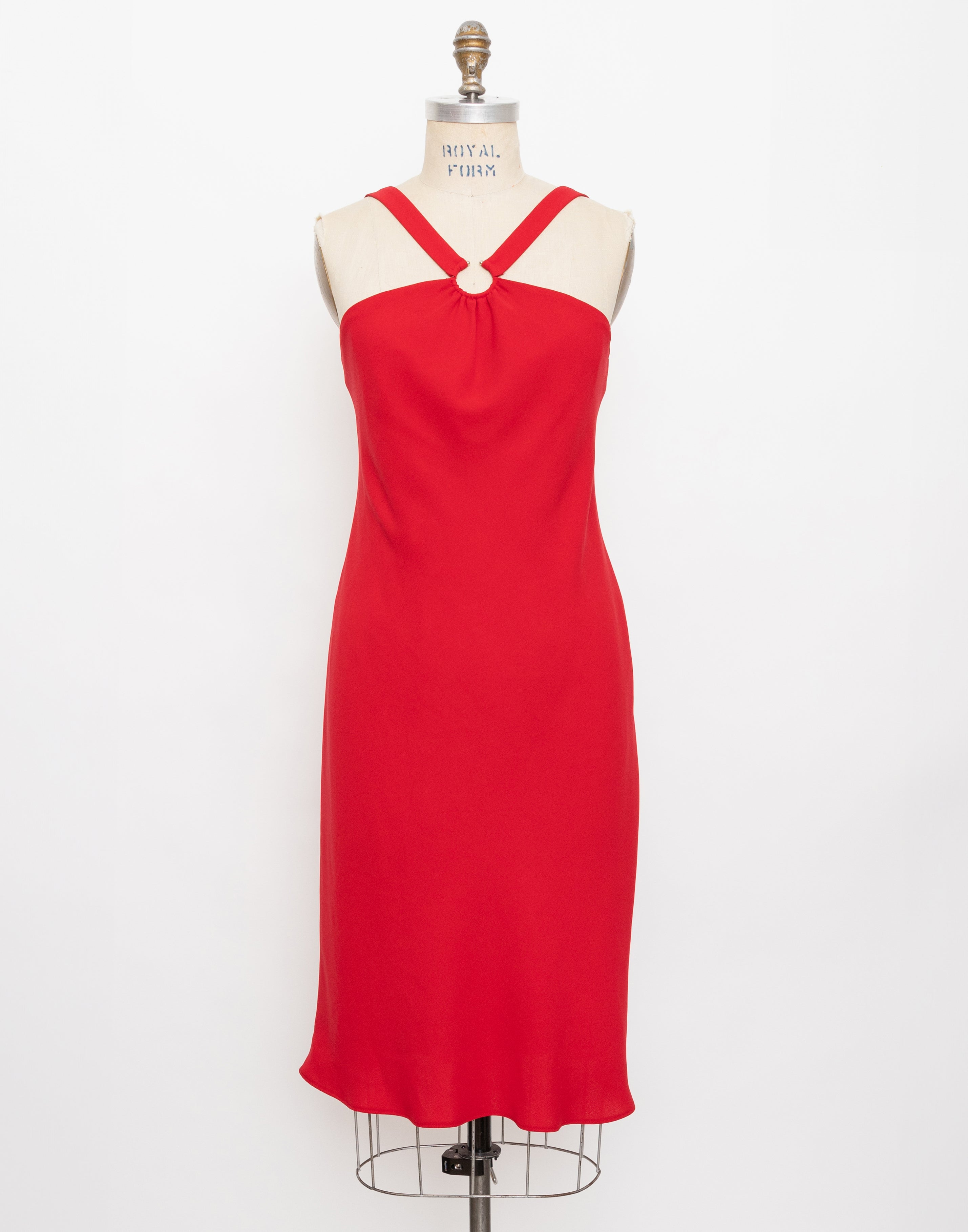 1990s Evan-Picone red circular barbell detail halter dress 1