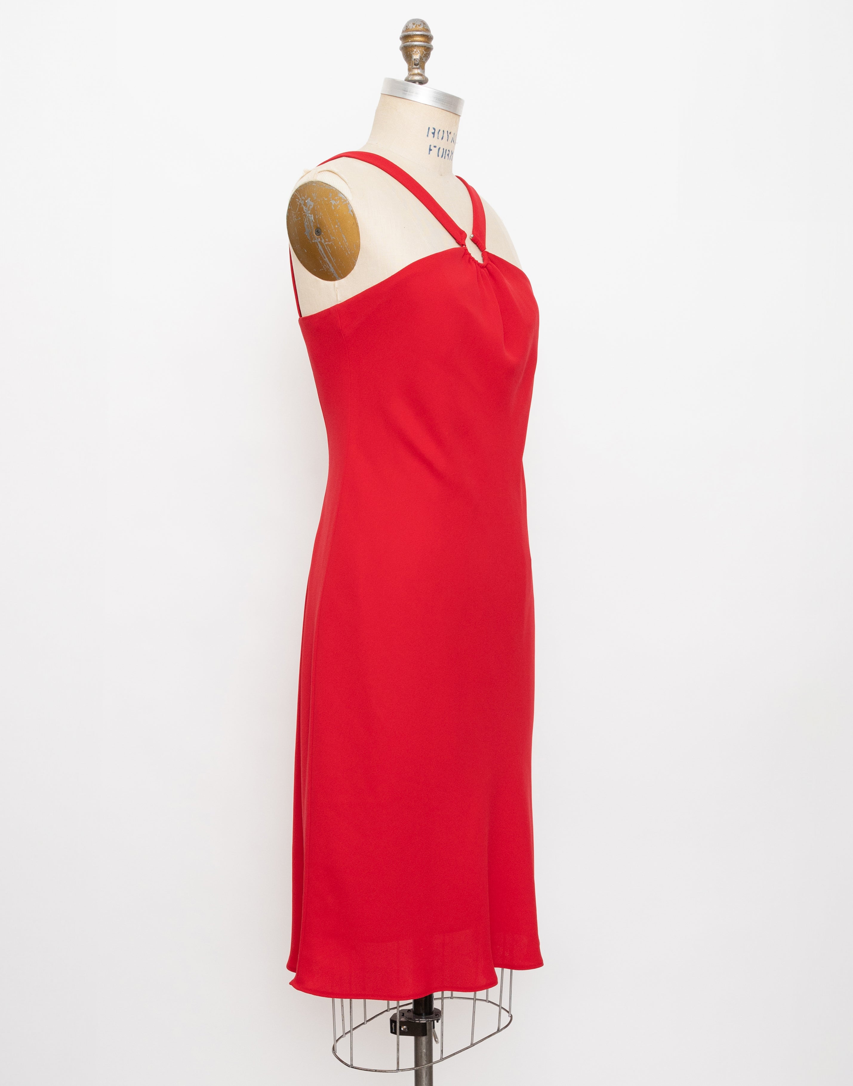 1990s Evan-Picone red circular barbell detail halter dress 2