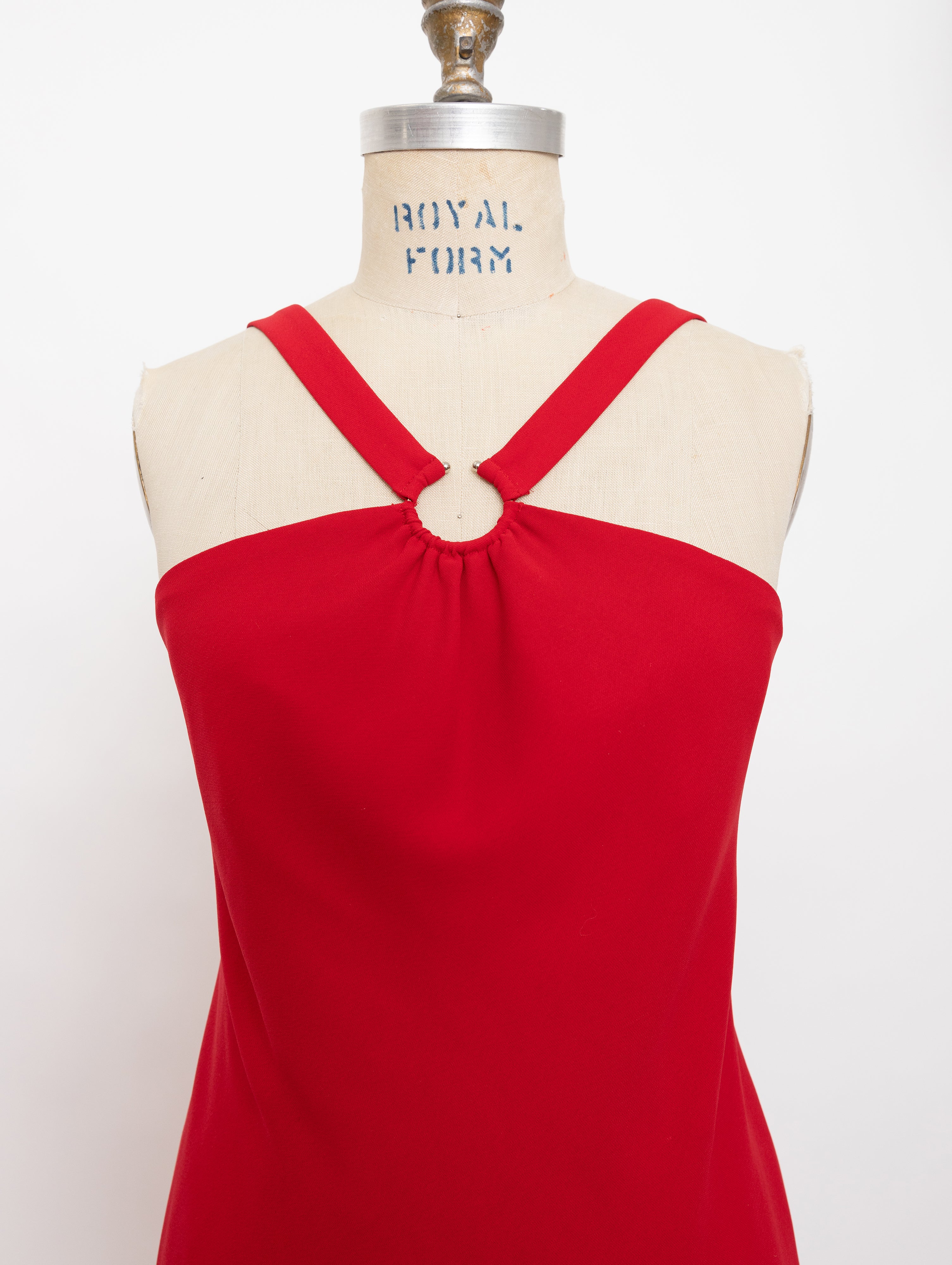 1990s Evan-Picone red circular barbell detail halter dress 4