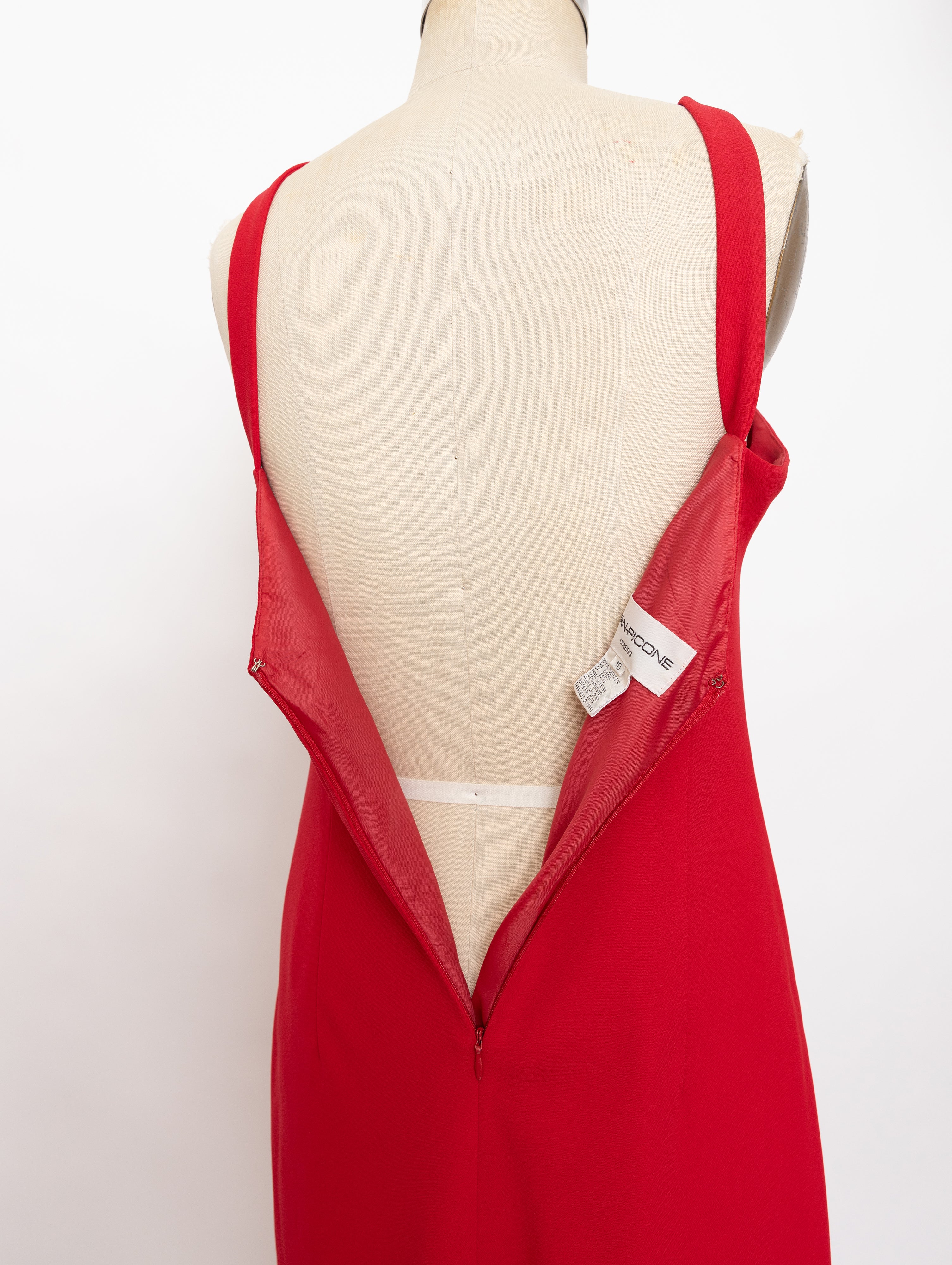 1990s Evan-Picone red circular barbell detail halter dress 5