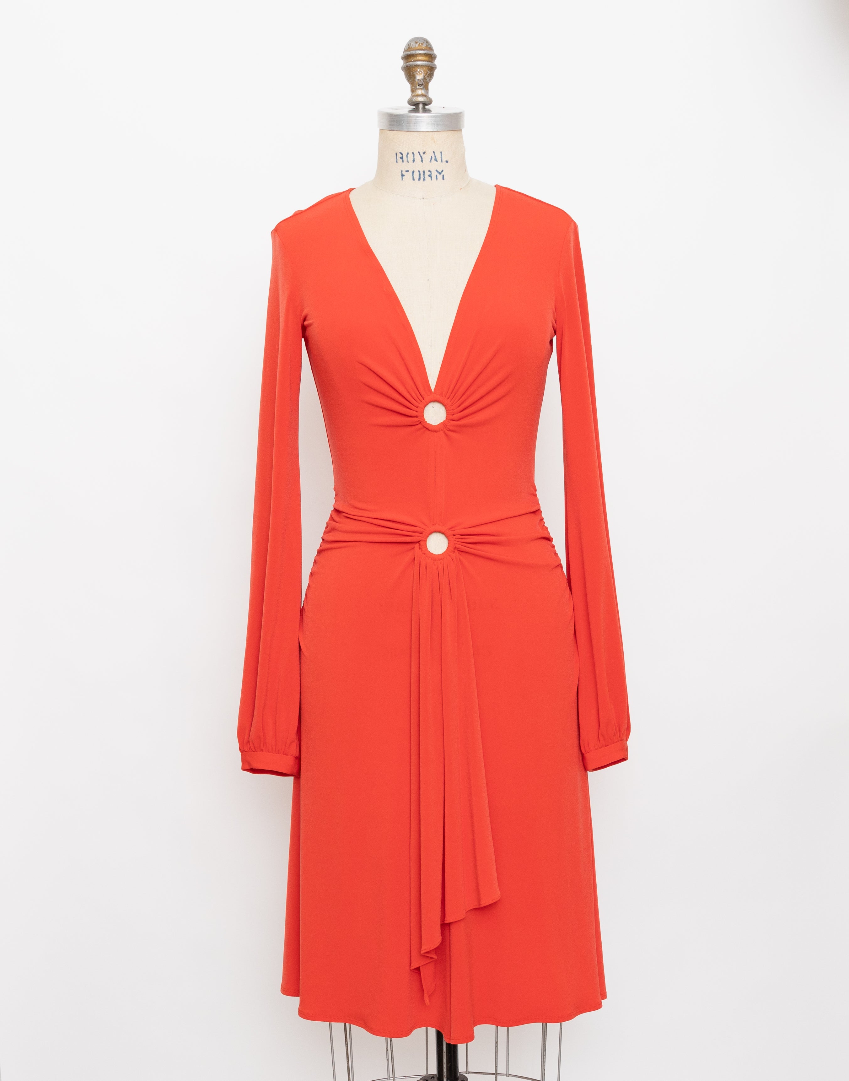 2000s Donna Morgan red keyhole detail long sleeve draped dress 1
