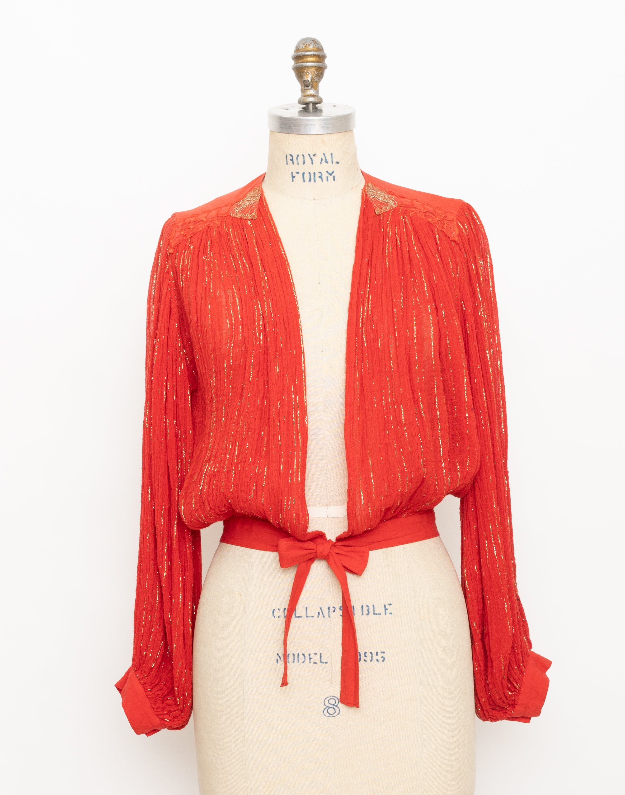 70s 80s made in Greece red + gold crinkle gauze with waist tie top 1