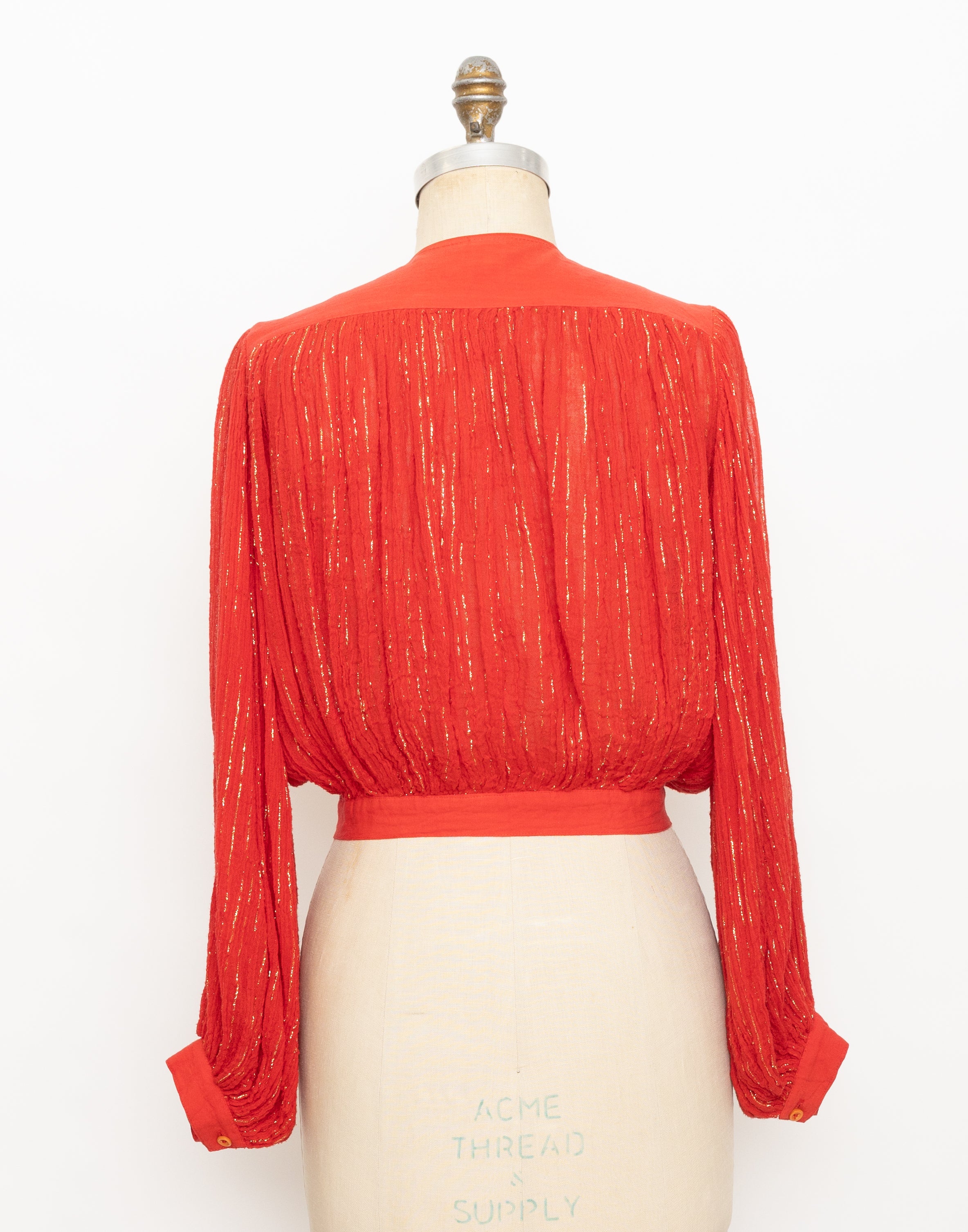 70s 80s made in Greece red + gold crinkle gauze with waist tie top 3