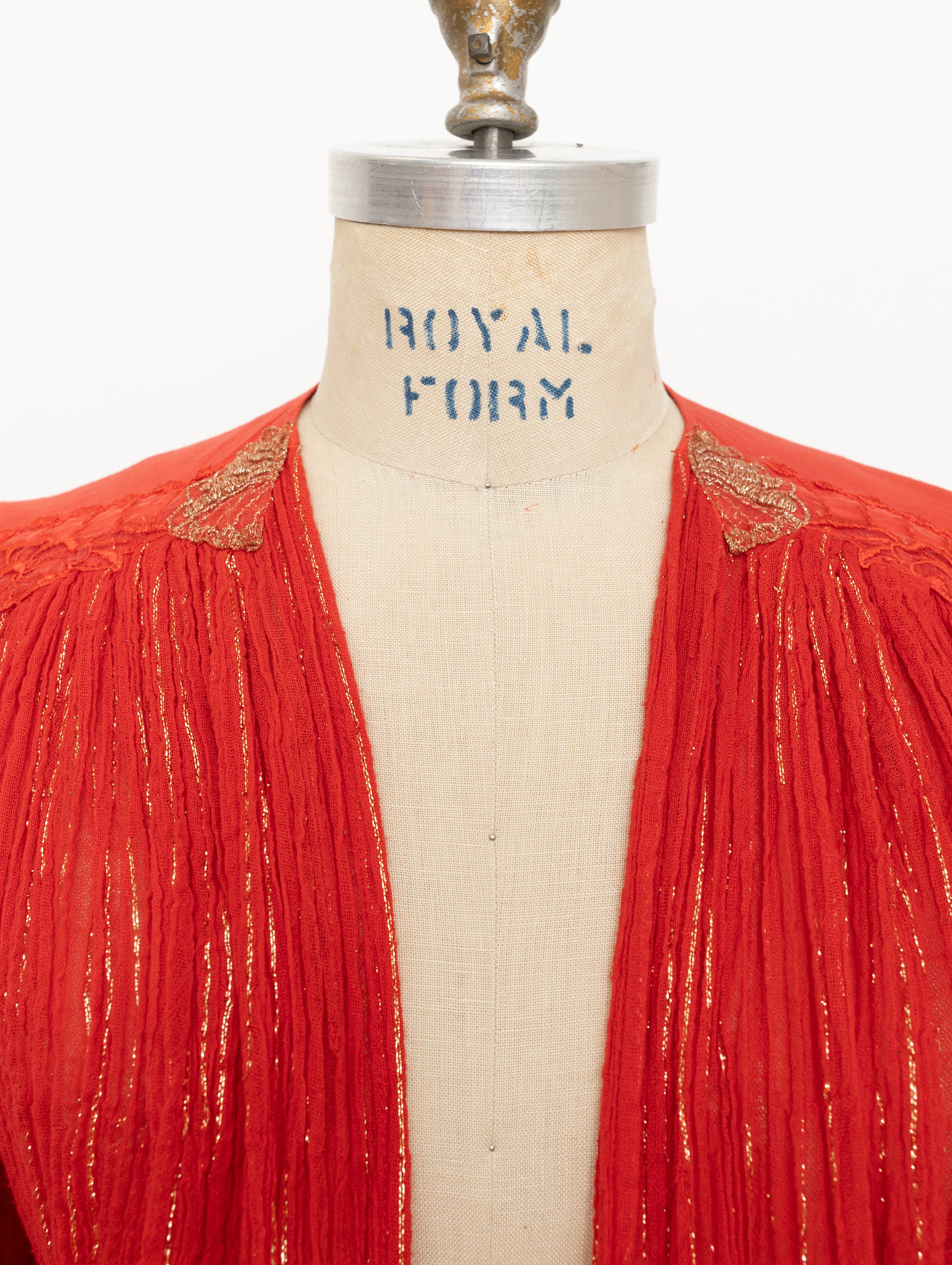 70s 80s made in Greece red + gold crinkle gauze with waist tie top 5