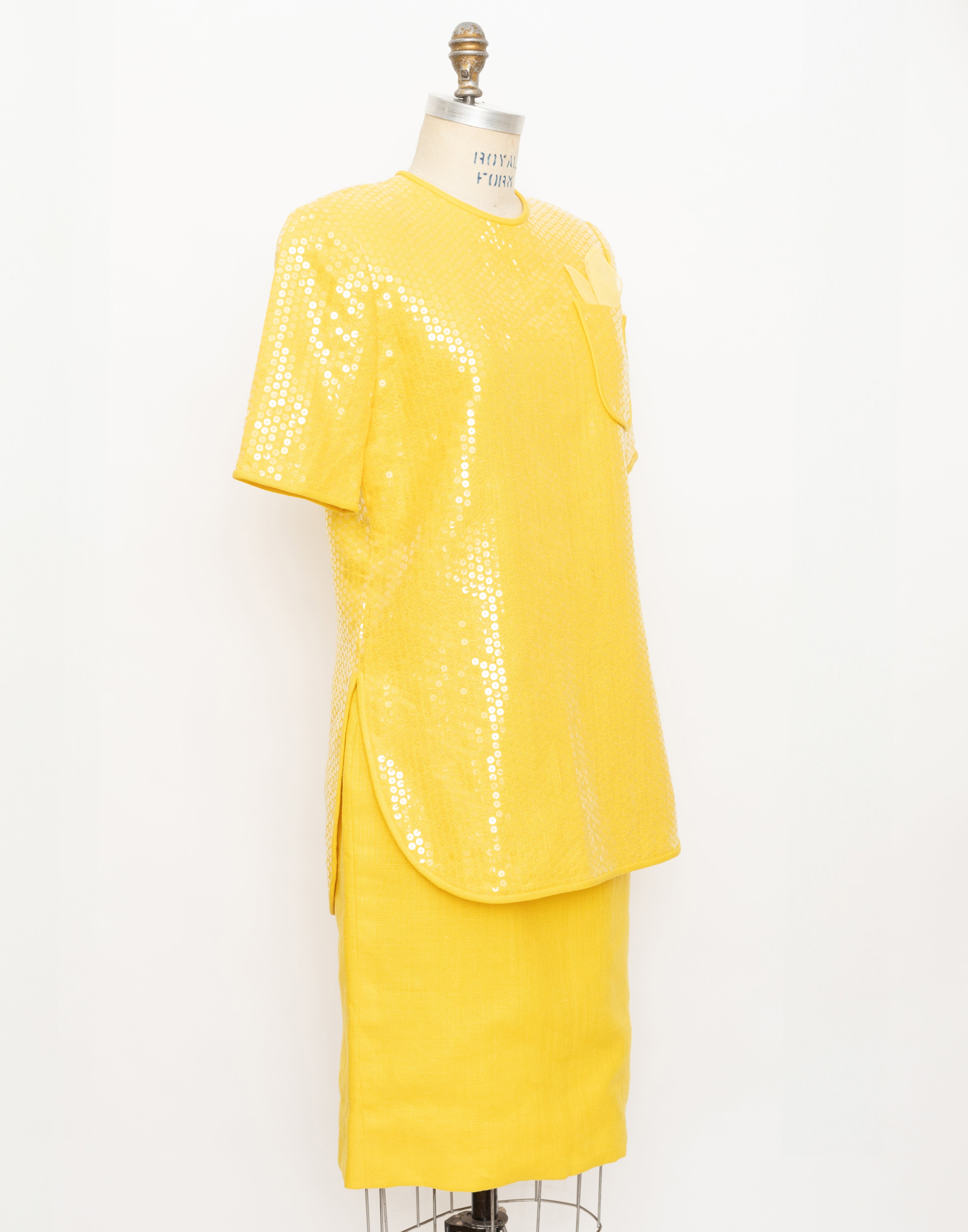 80s/90s William Pearson yellow sequin top and linen skirt set 2