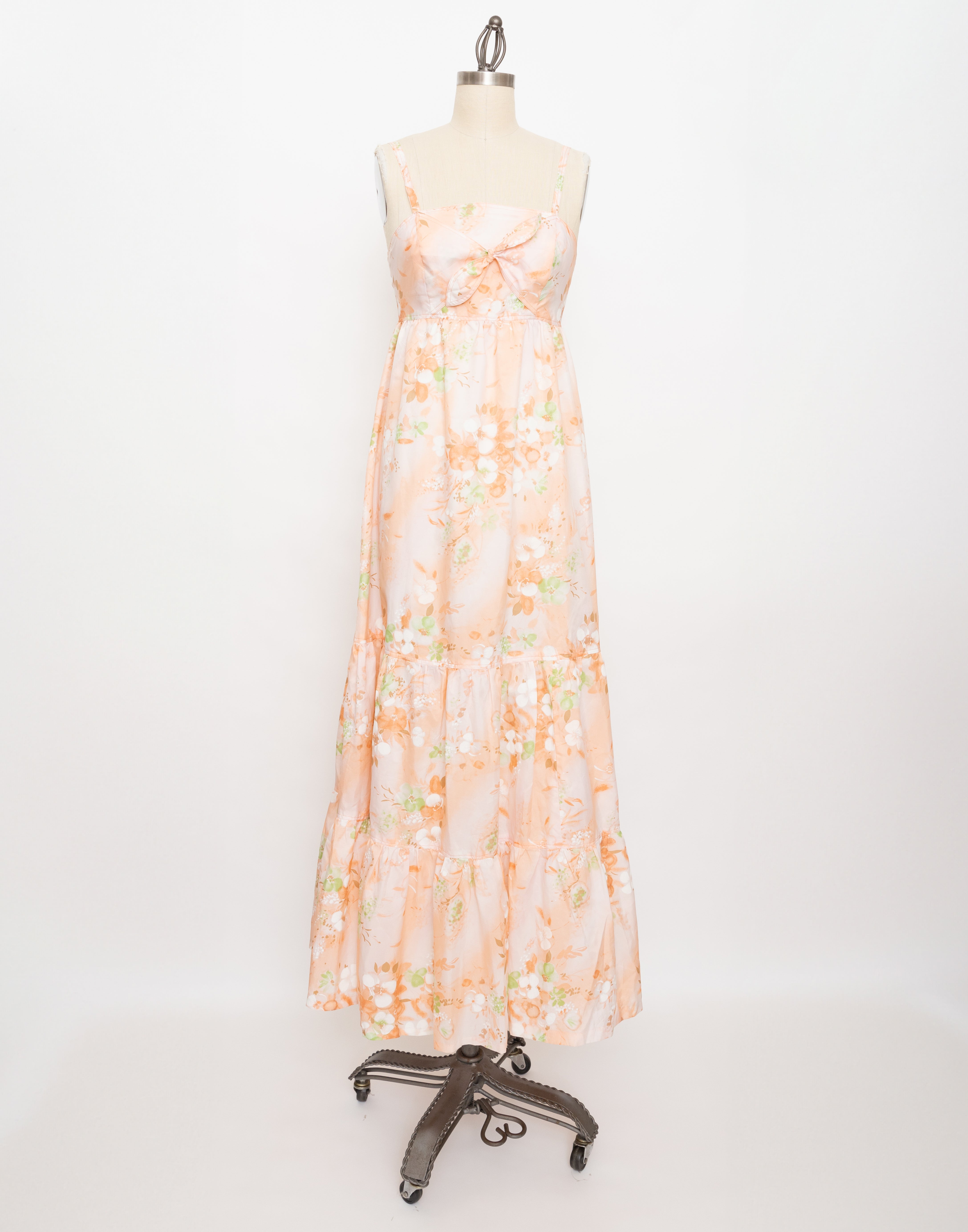 70s handmade peach floral tie front maxi dress
