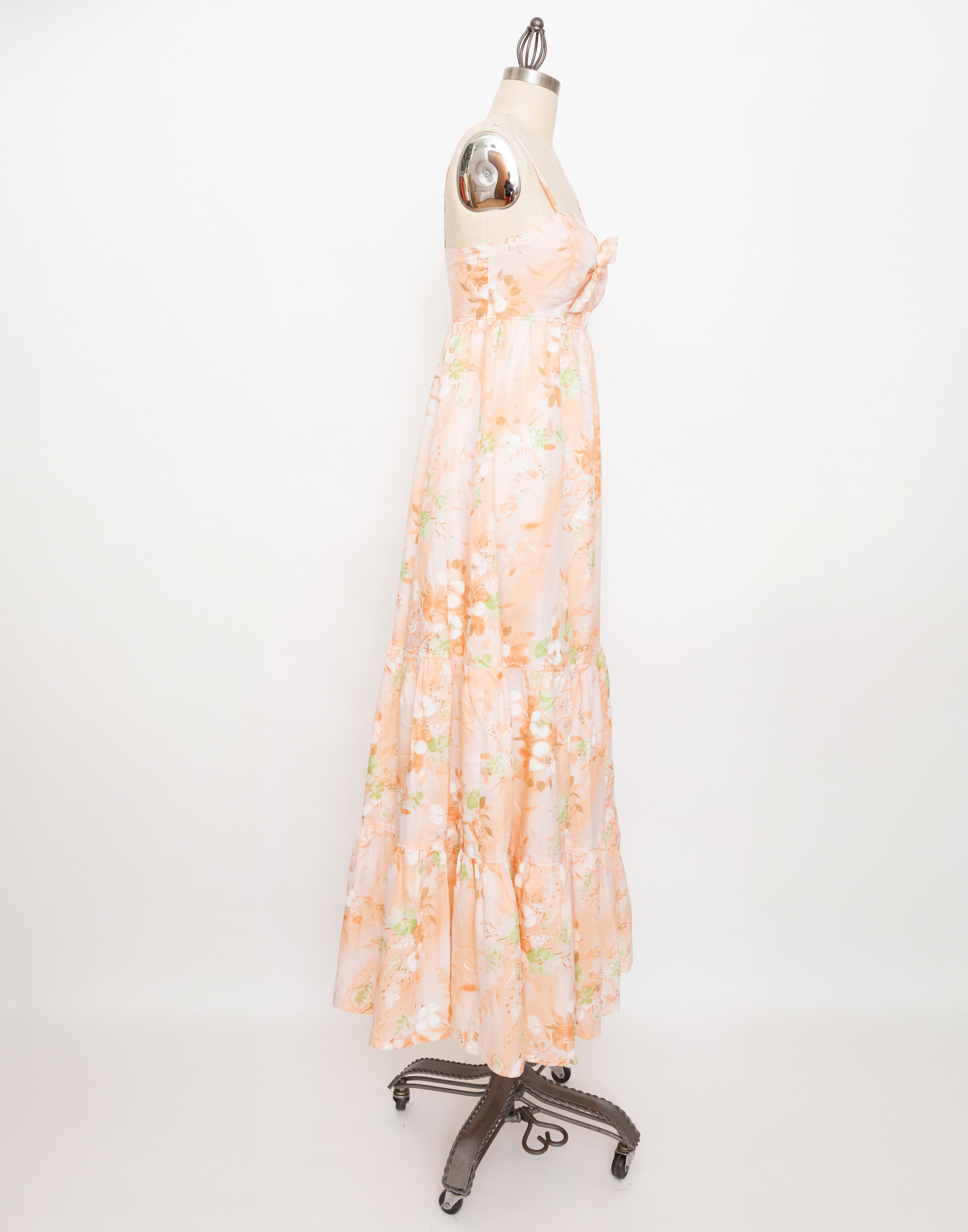 70s handmade peach floral tie front maxi dress