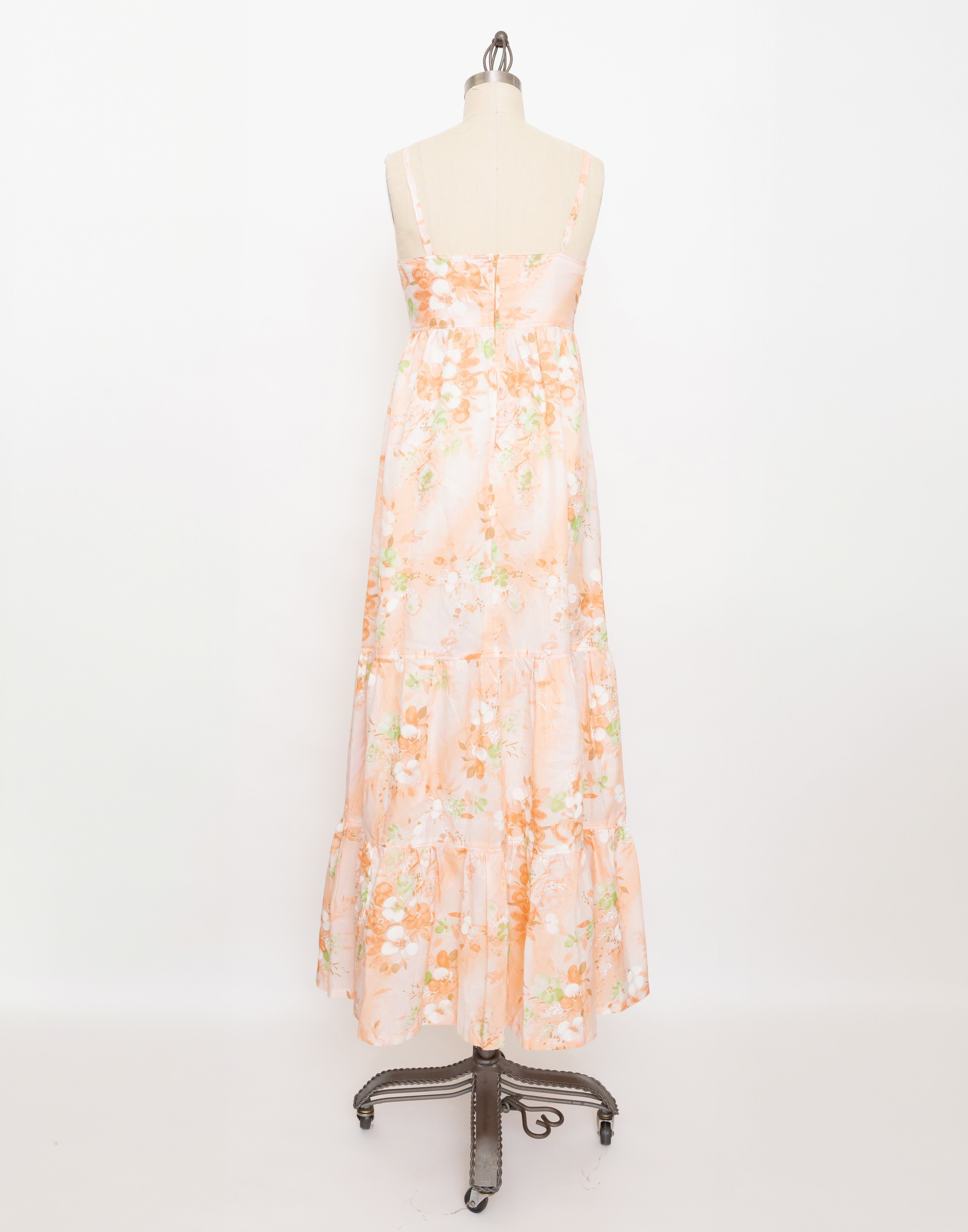 70s handmade peach floral tie front maxi dress