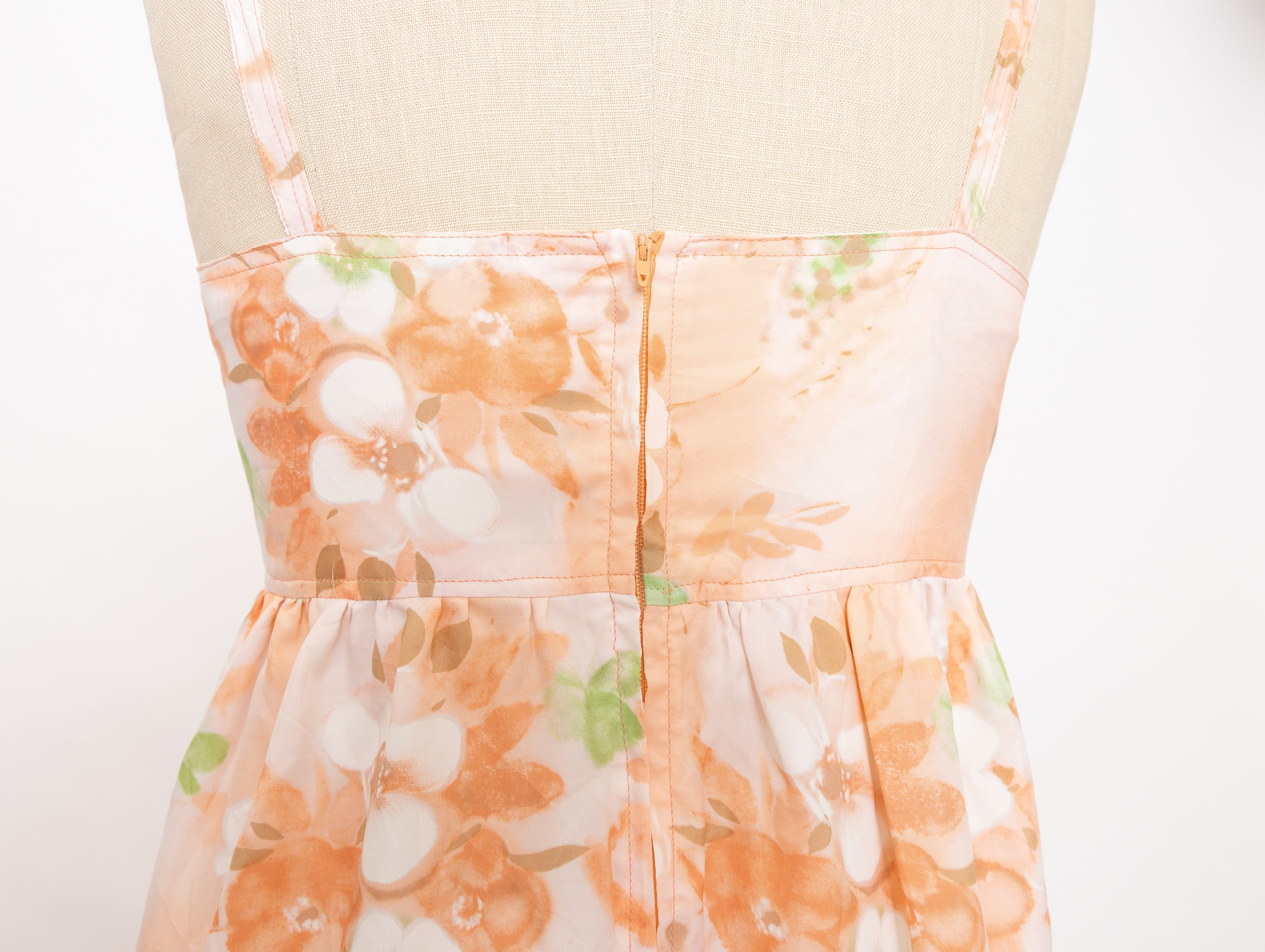 70s handmade peach floral tie front maxi dress