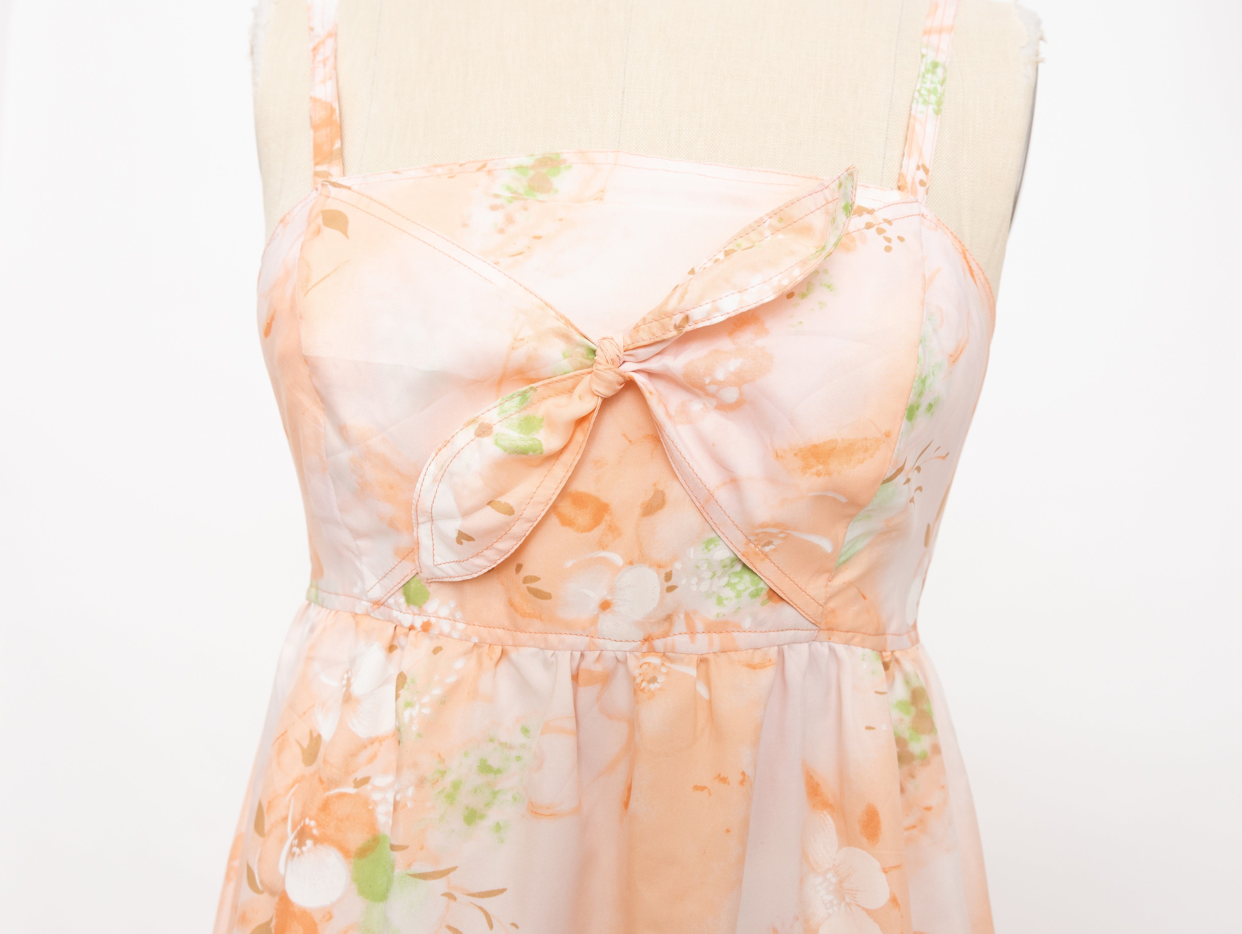 70s handmade peach floral tie front maxi dress