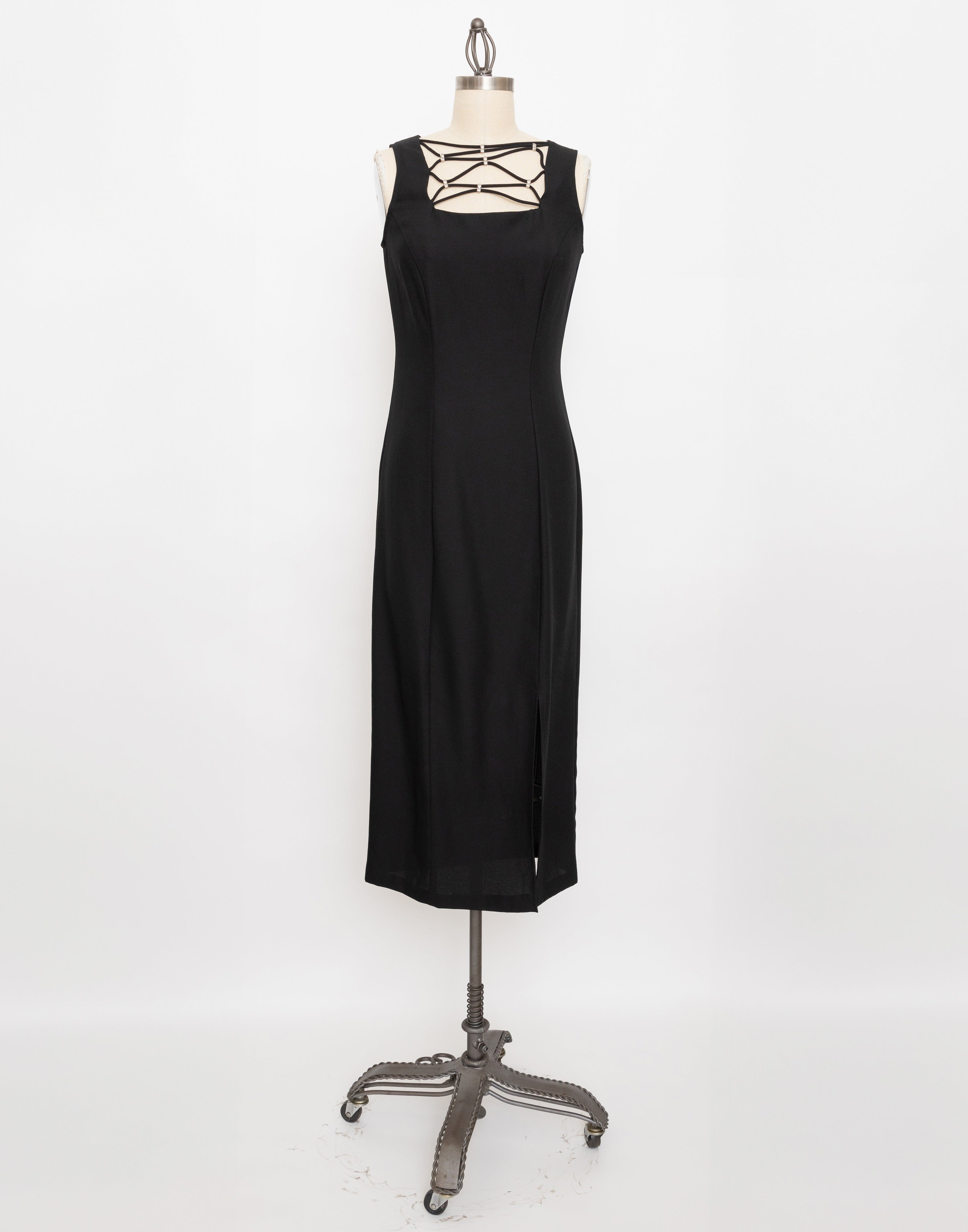 90s black criss cross neckline sleeveless midi dress