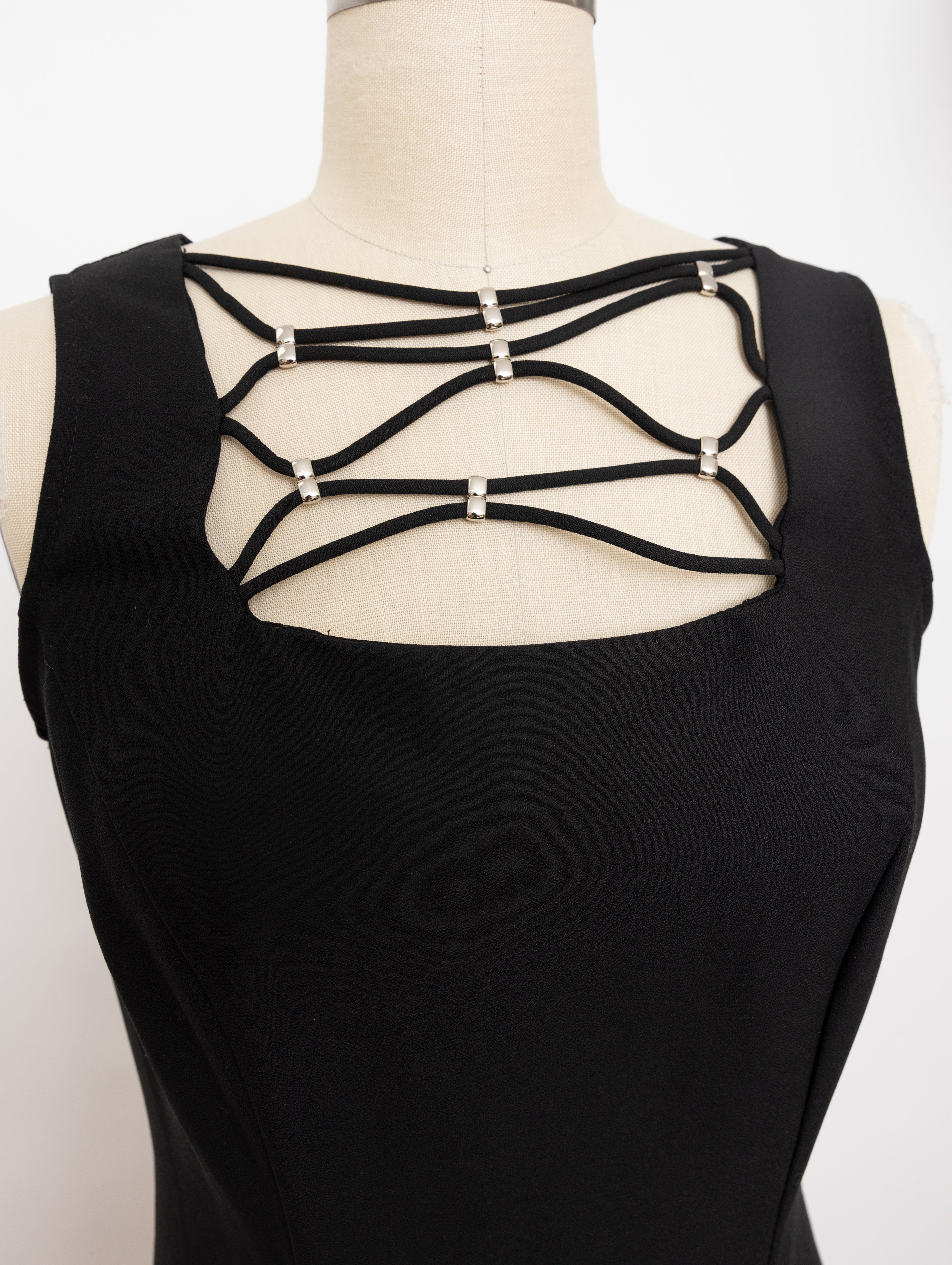 90s black criss cross neckline sleeveless midi dress