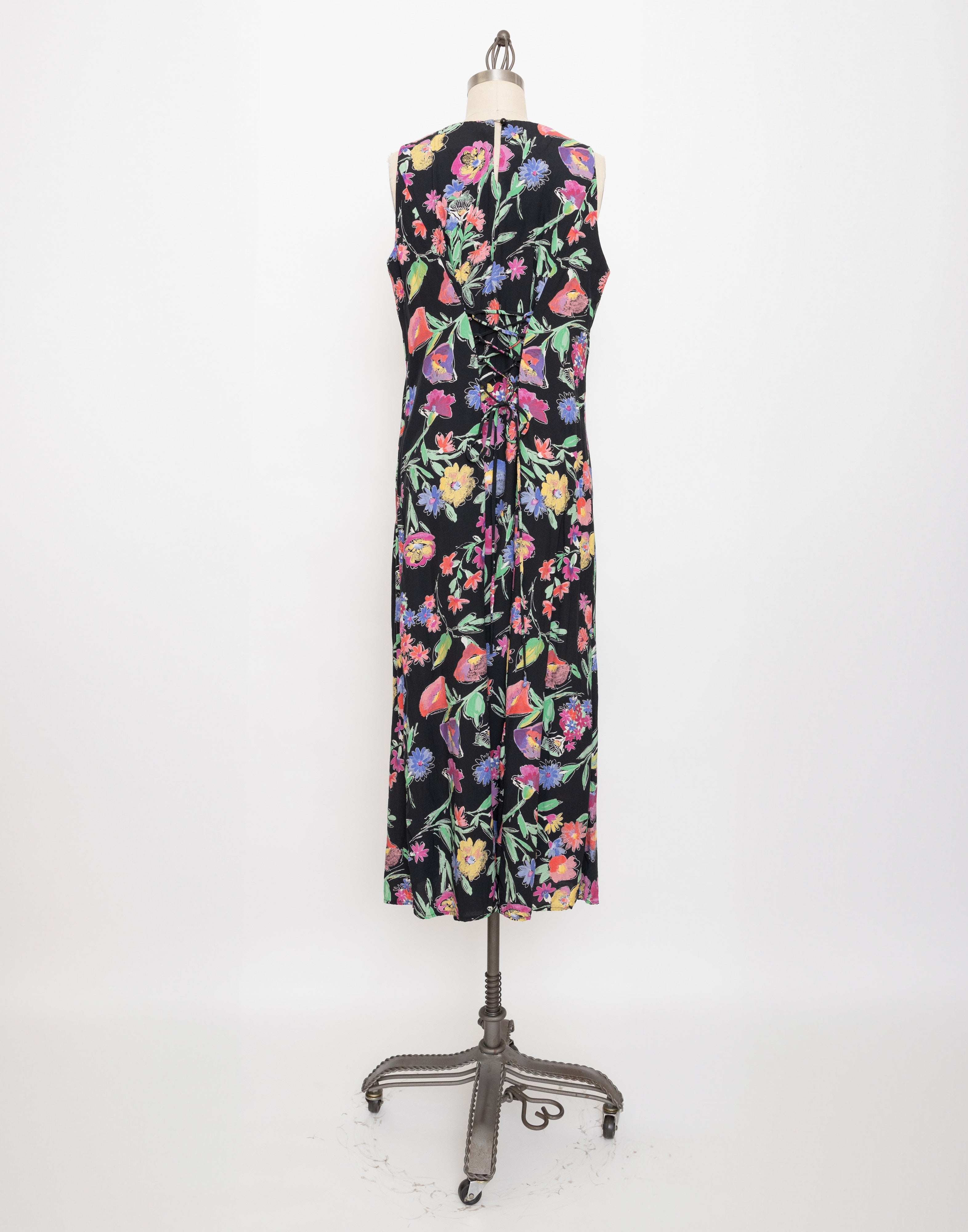 90s black colorful floral sleeveless dress with lace up back