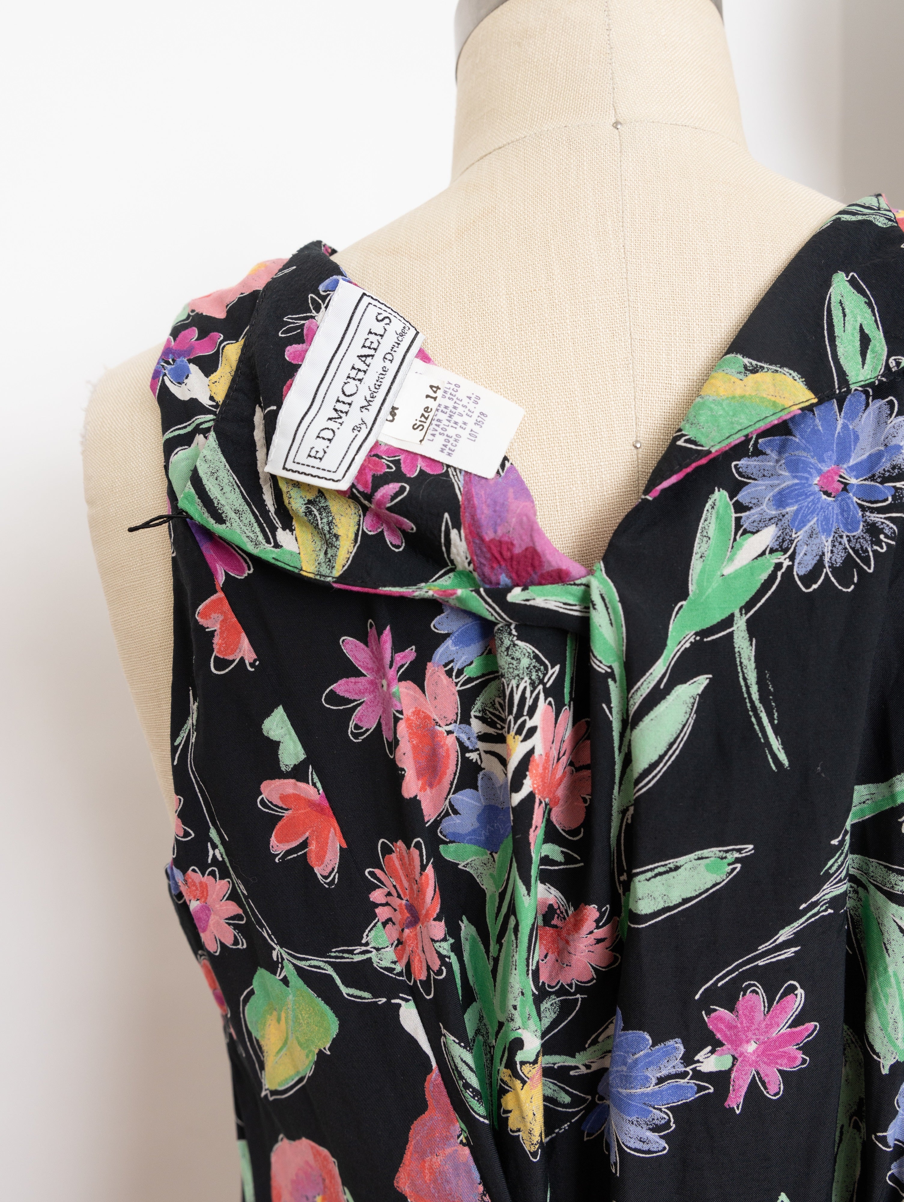 90s black colorful floral sleeveless dress with lace up back