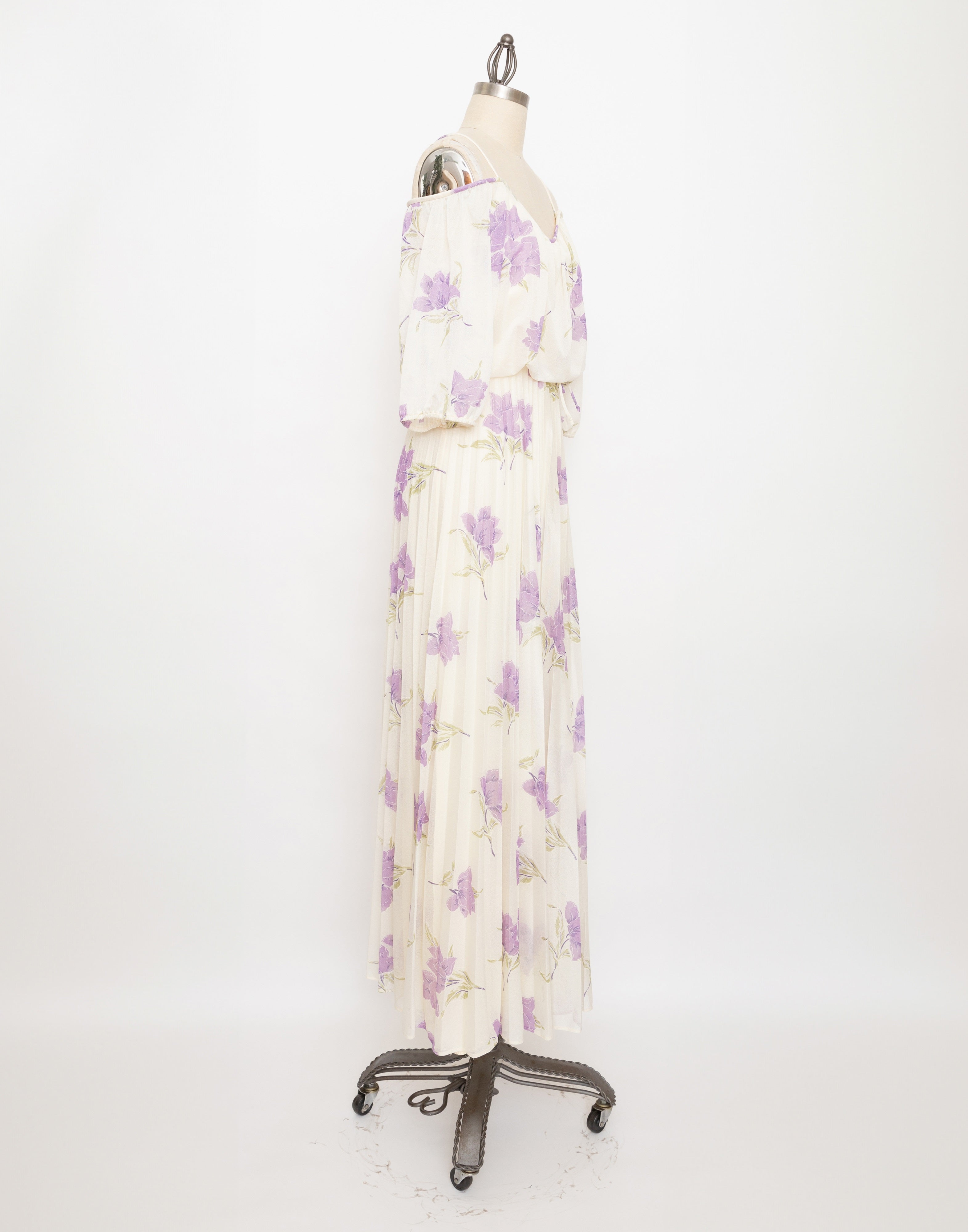 70s ivory and purple flower off shoulder maxi dress