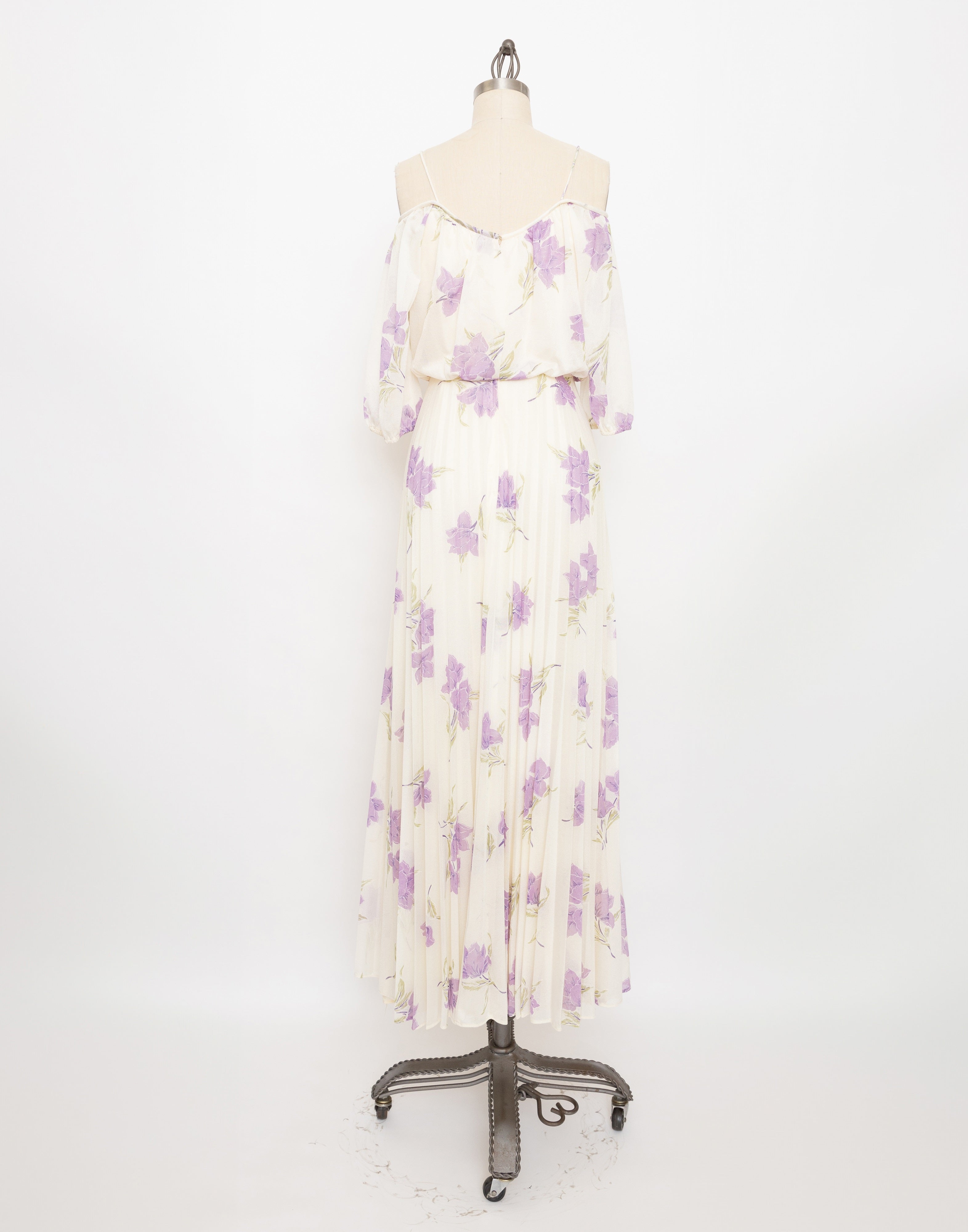 70s ivory and purple flower off shoulder maxi dress