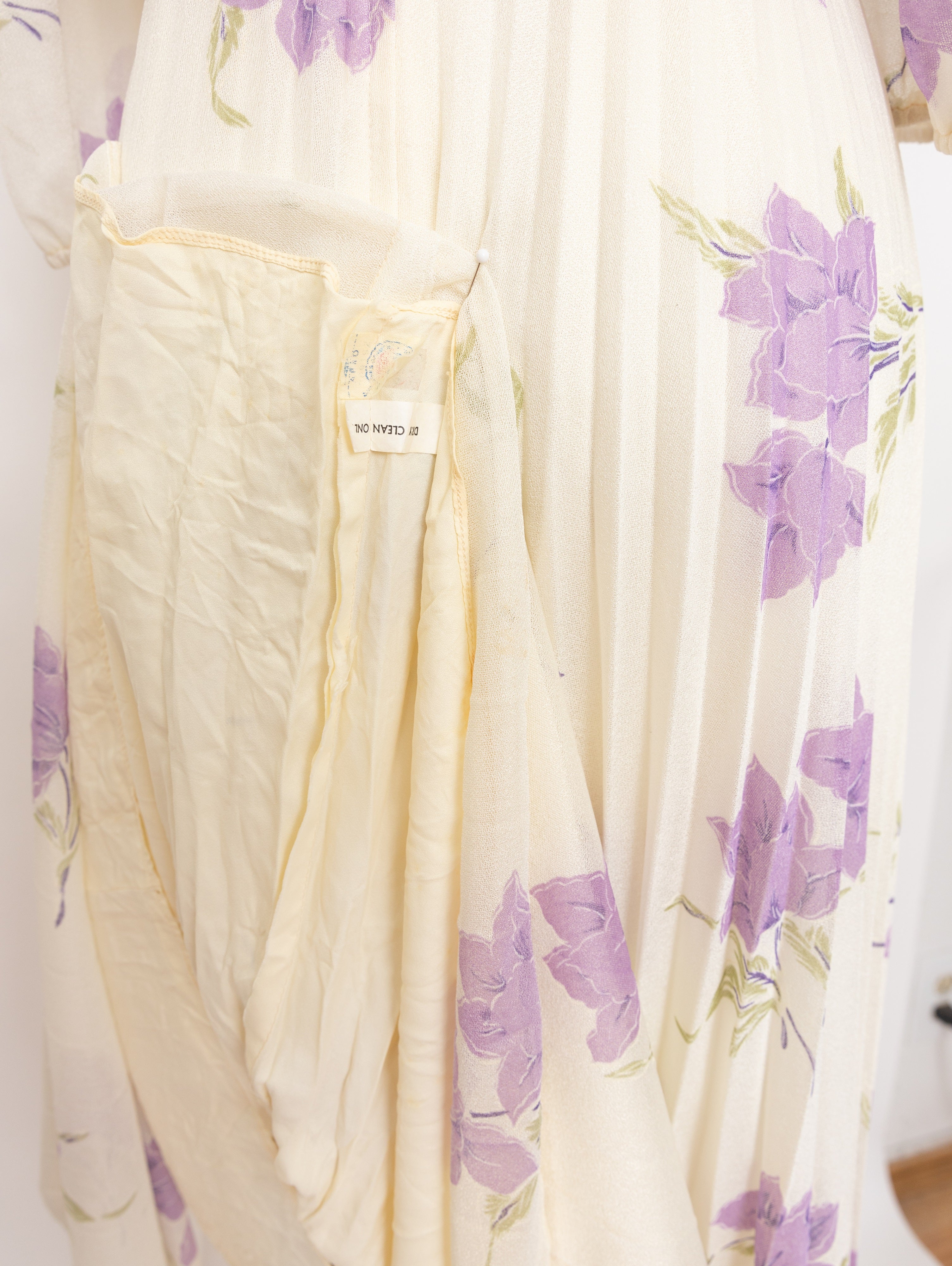 70s ivory and purple flower off shoulder maxi dress