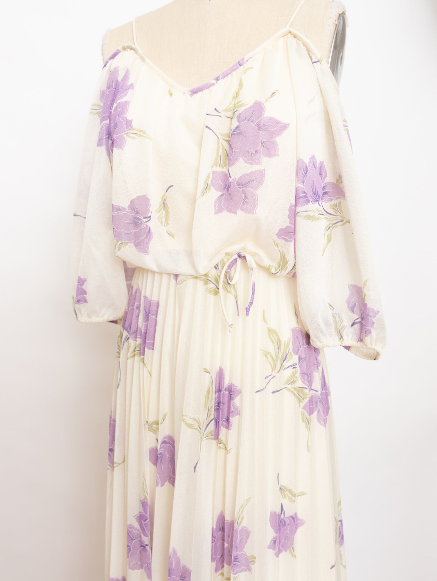 70s ivory and purple flower off shoulder maxi dress