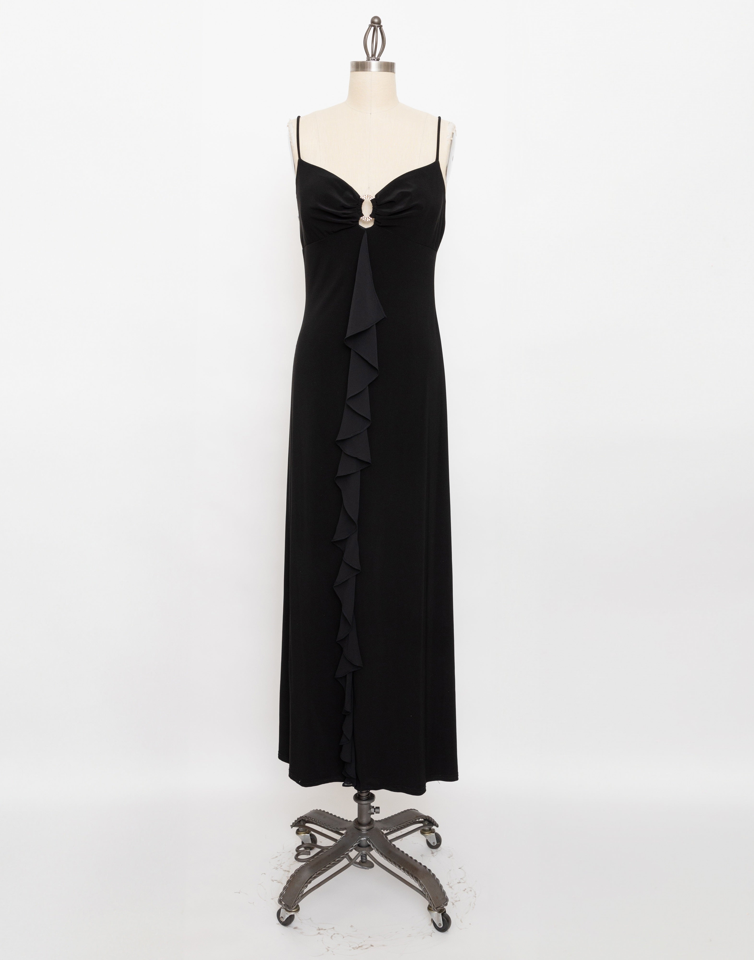 90s black strappy dress with rhinestone detail
