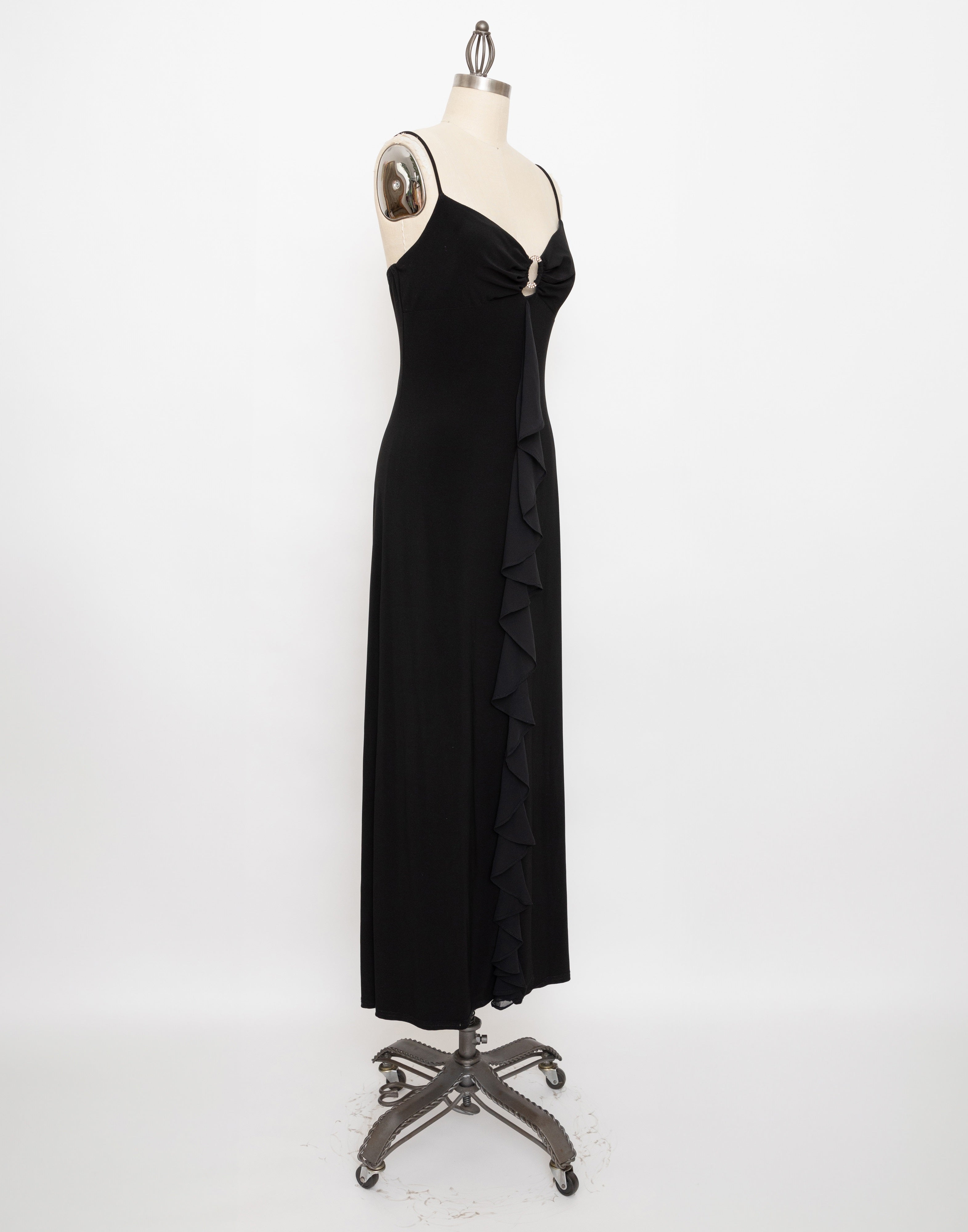 90s black strappy dress with rhinestone detail