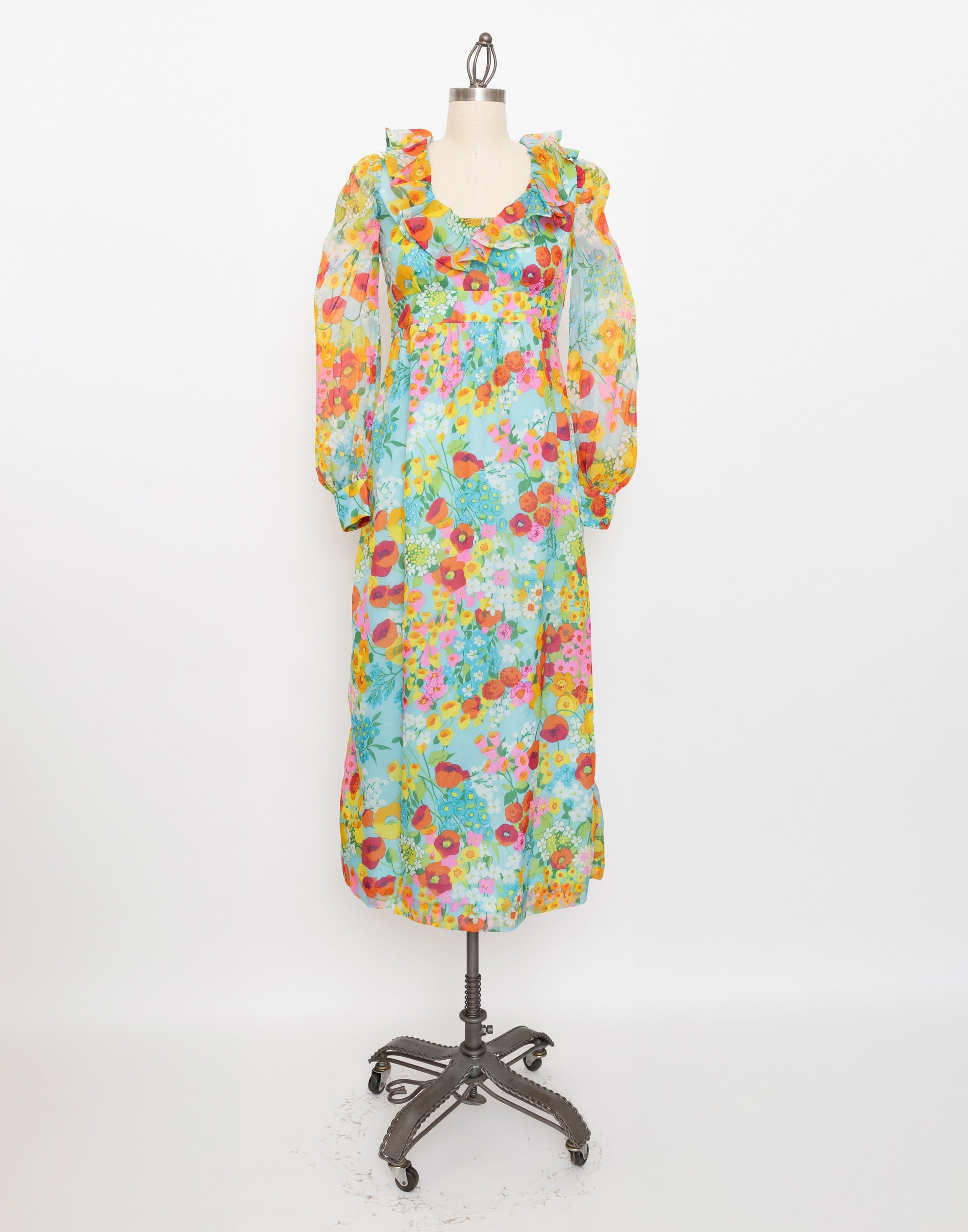 70s aqua blue floral maxi dress