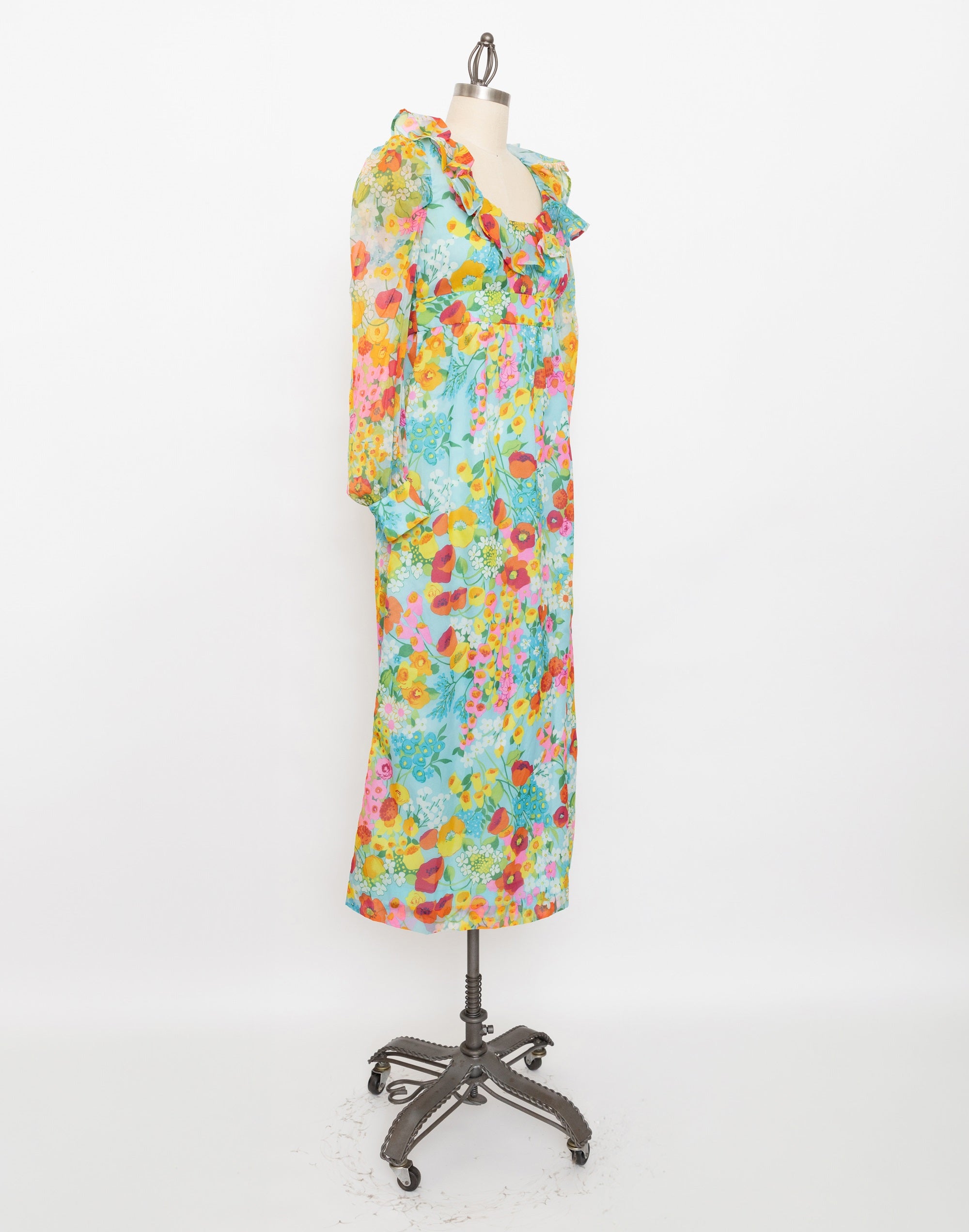70s aqua blue floral maxi dress