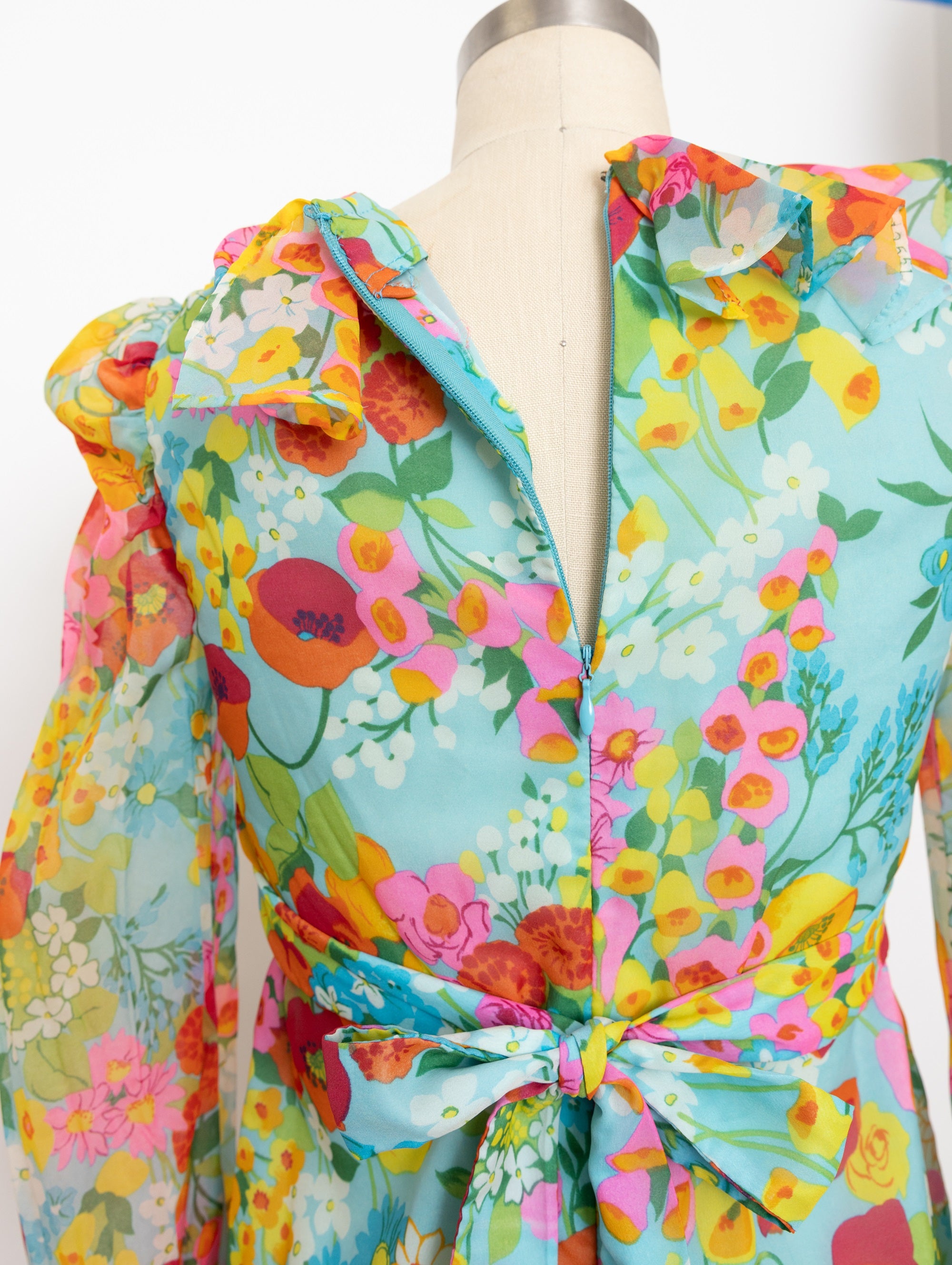 70s aqua blue floral maxi dress