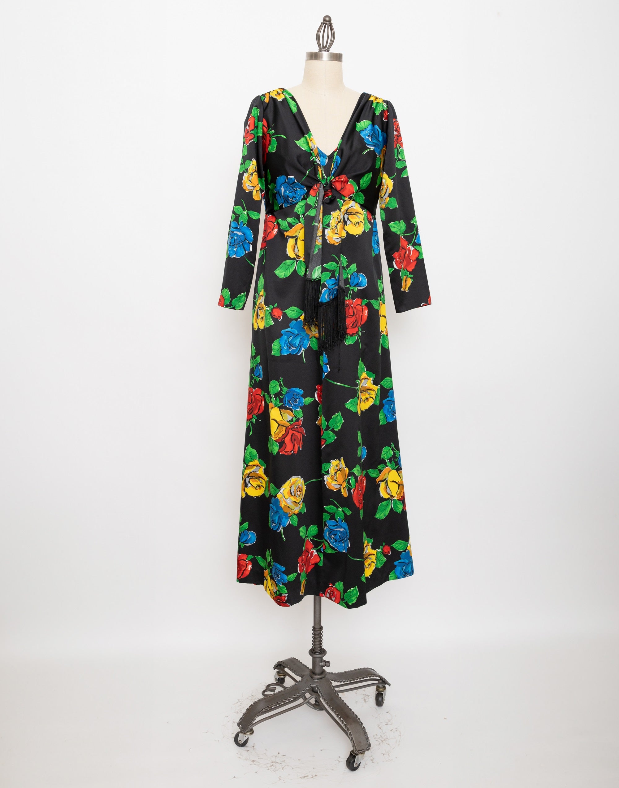 70s/80s black floral tie front with fringe maxi dress