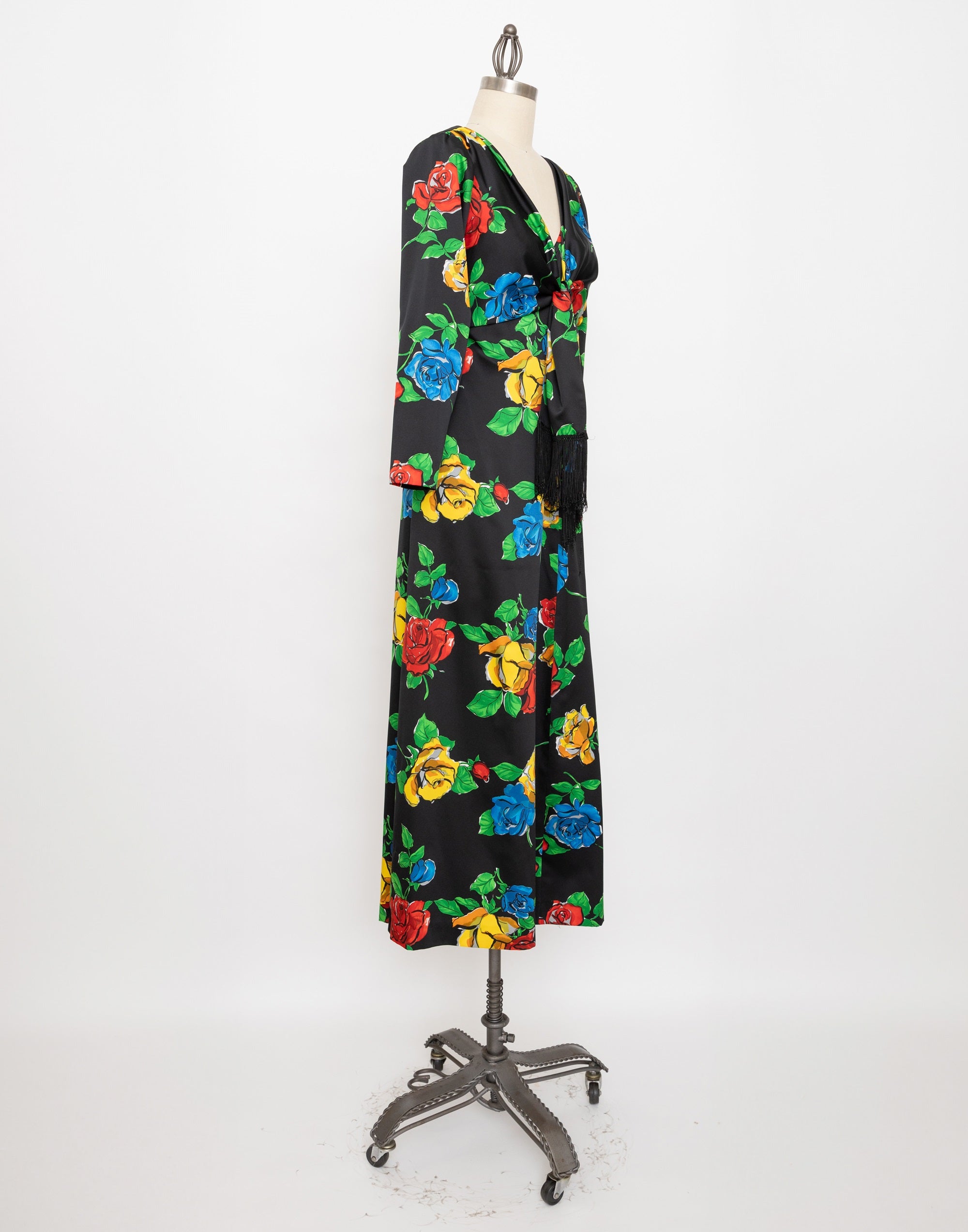70s/80s black floral tie front with fringe maxi dress