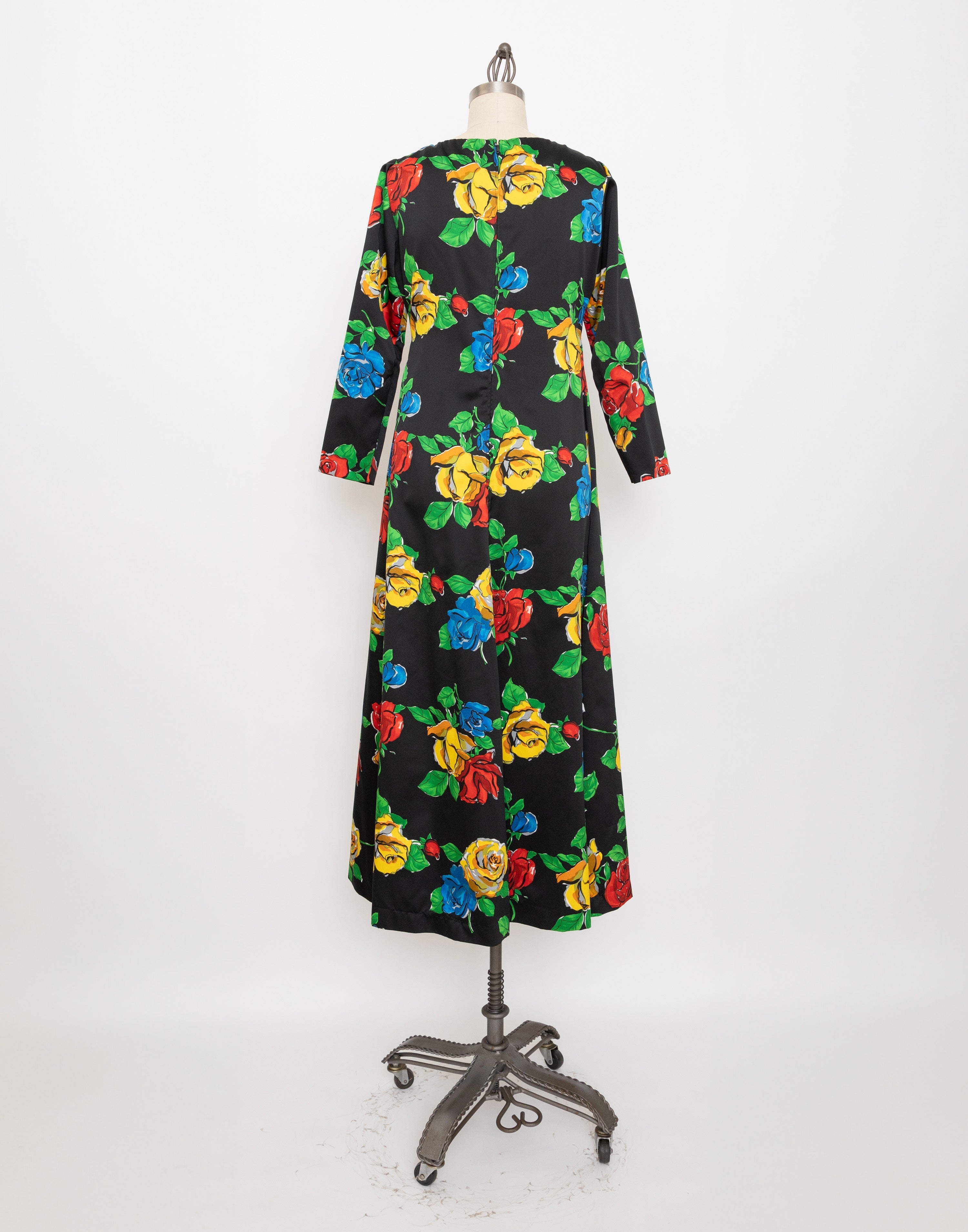 70s/80s black floral tie front with fringe maxi dress
