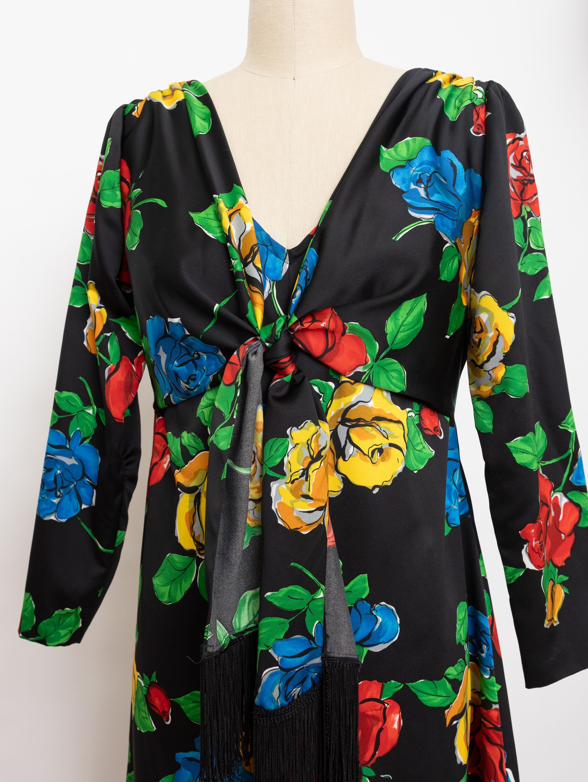 70s/80s black floral tie front with fringe maxi dress