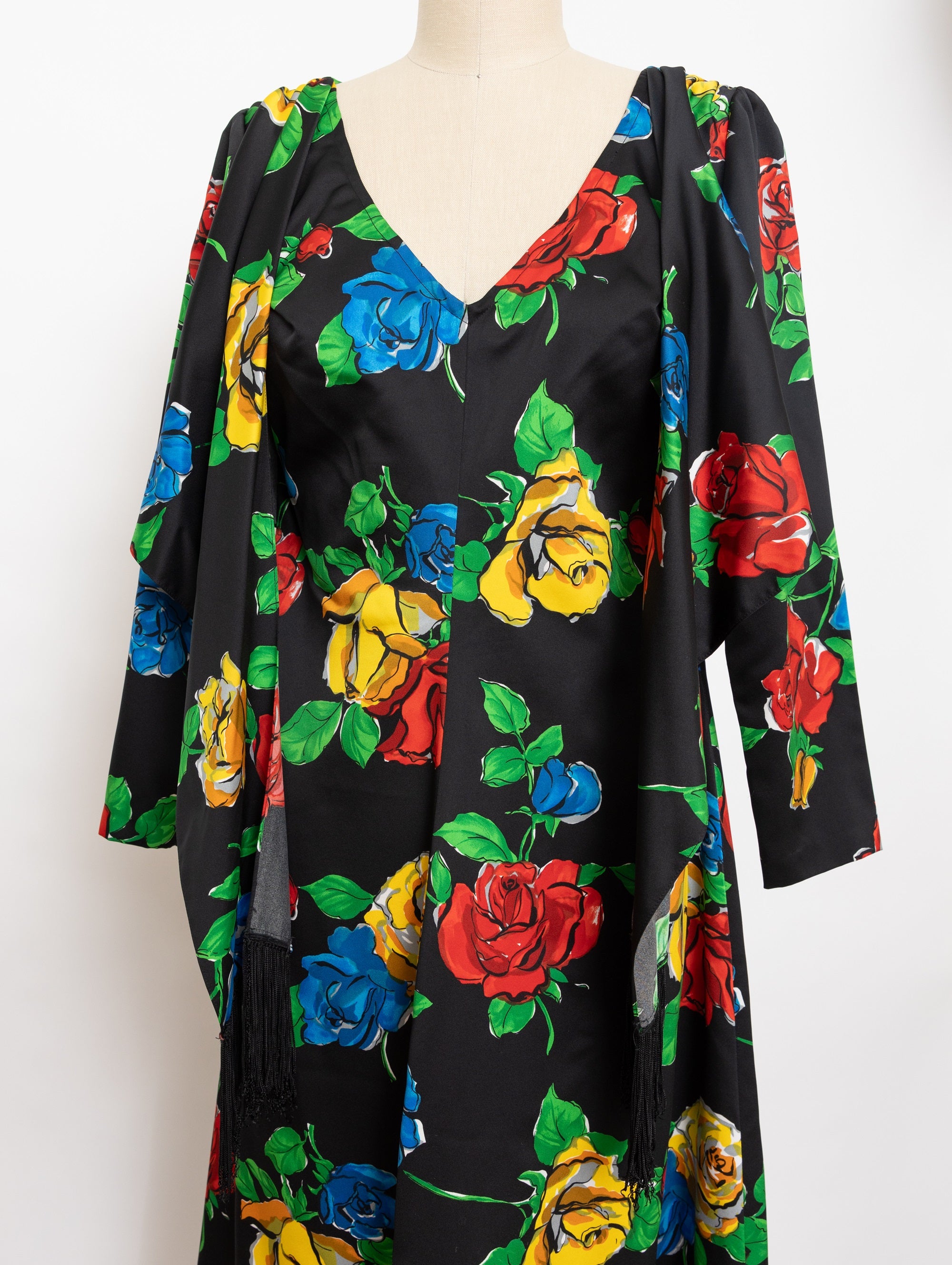 70s/80s black floral tie front with fringe maxi dress