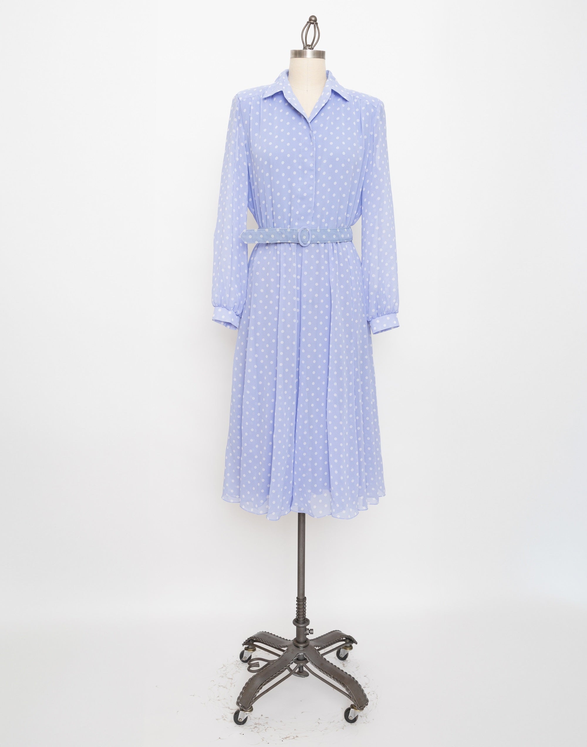 80s/90s periwinkle blue white polka dot dress