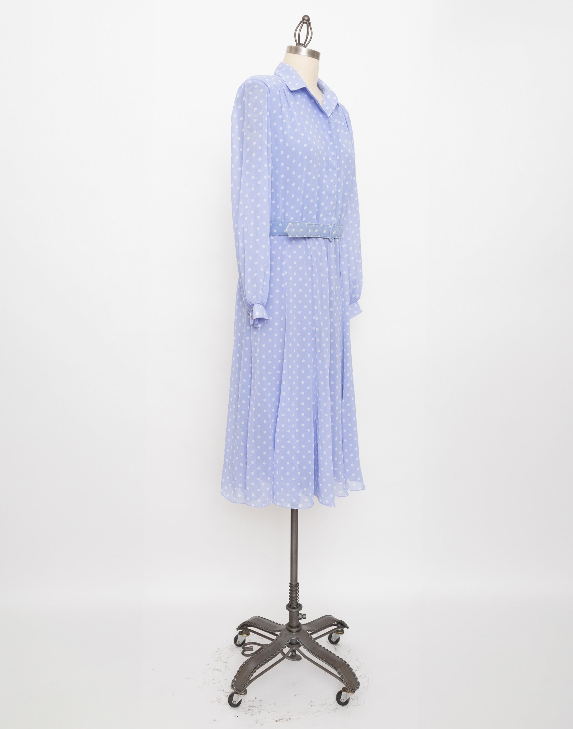 80s/90s periwinkle blue white polka dot dress