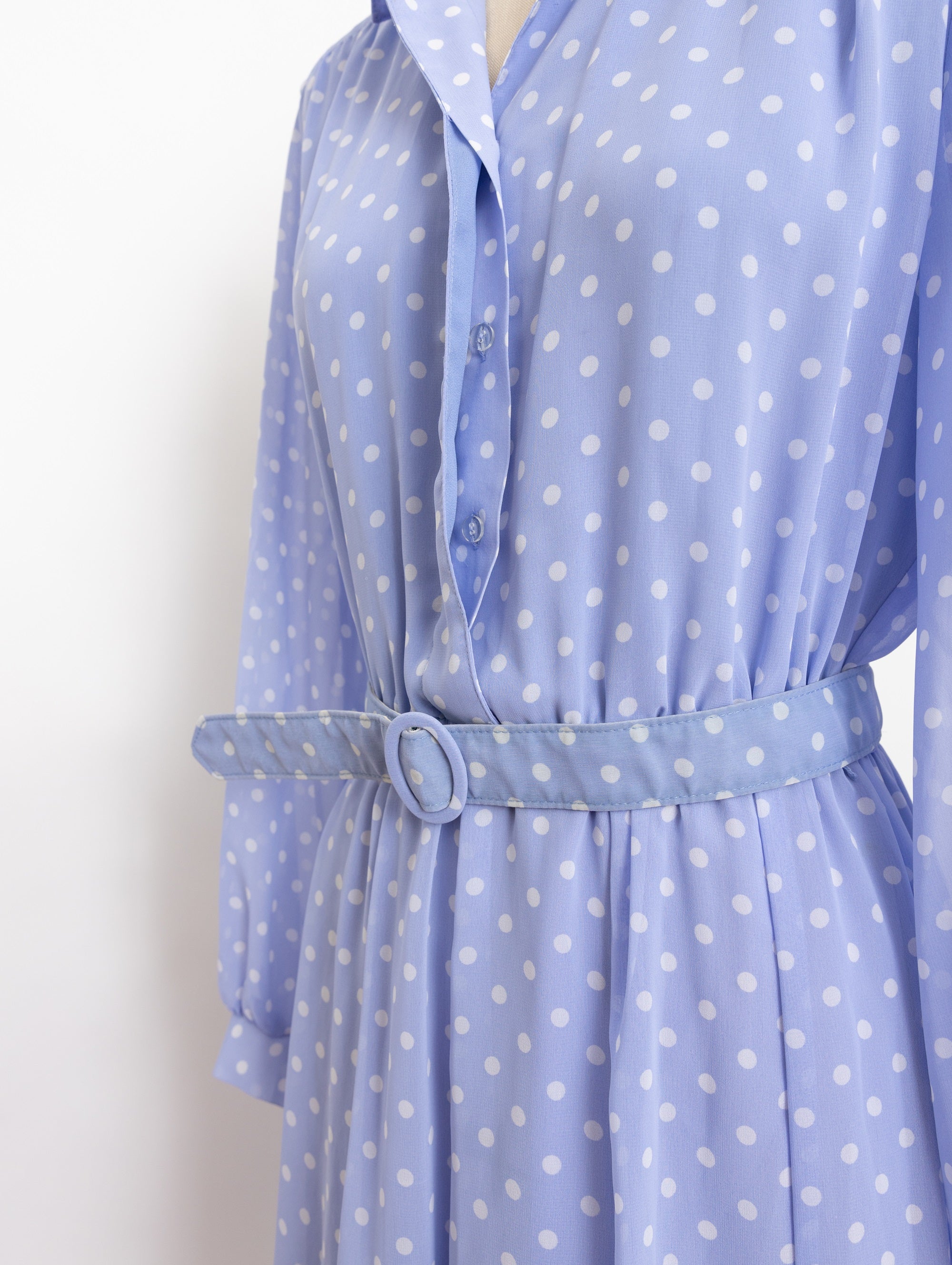 80s/90s periwinkle blue white polka dot dress