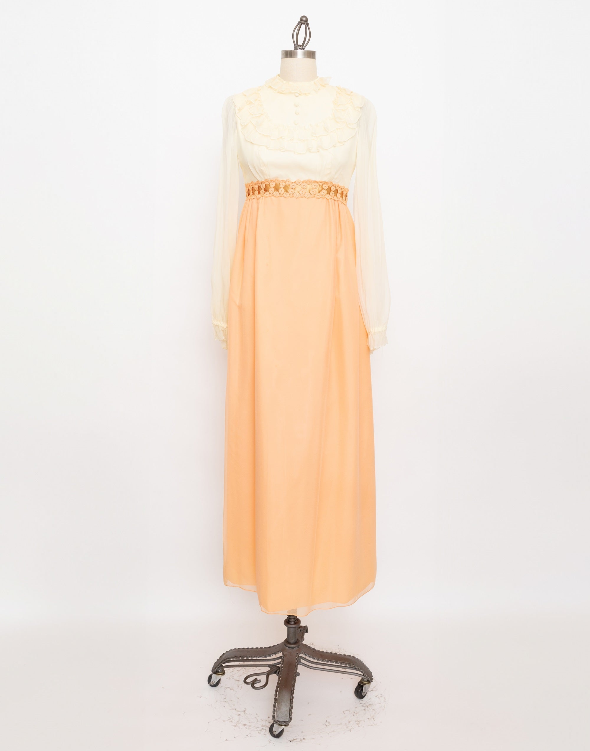 70s cream ruffle and peach skirt maxi dress