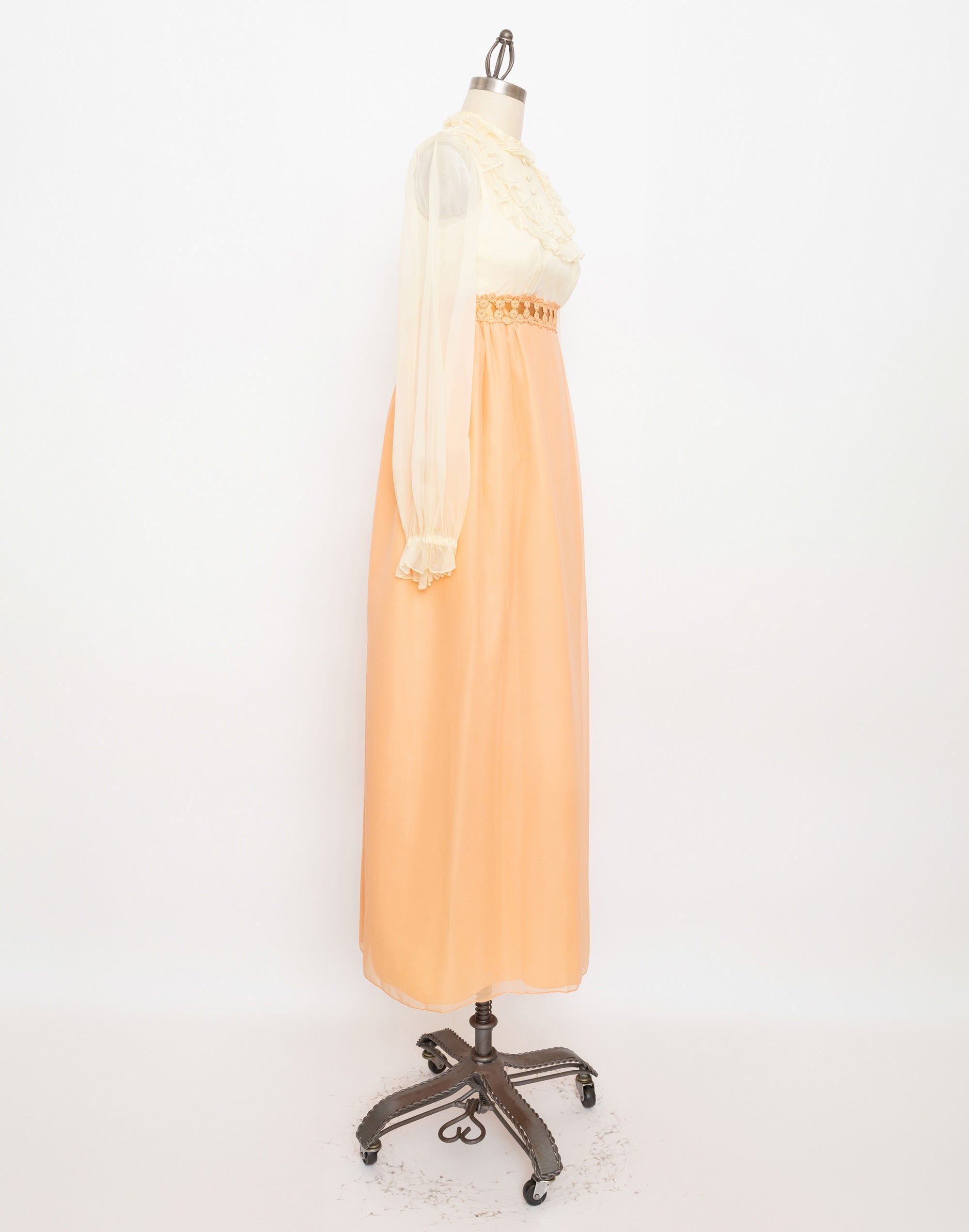 70s cream ruffle and peach skirt maxi dress