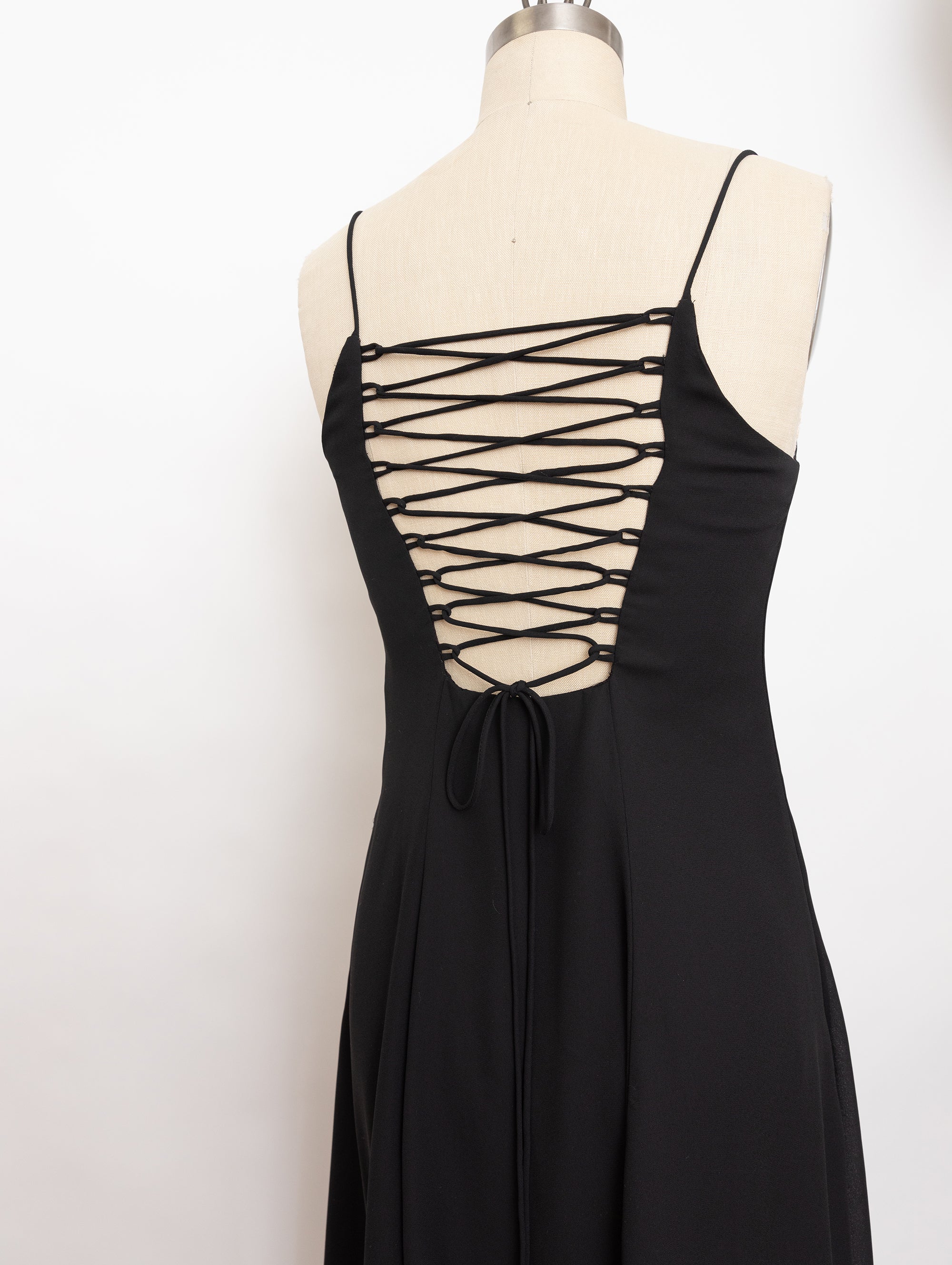 90s black lace up back dress