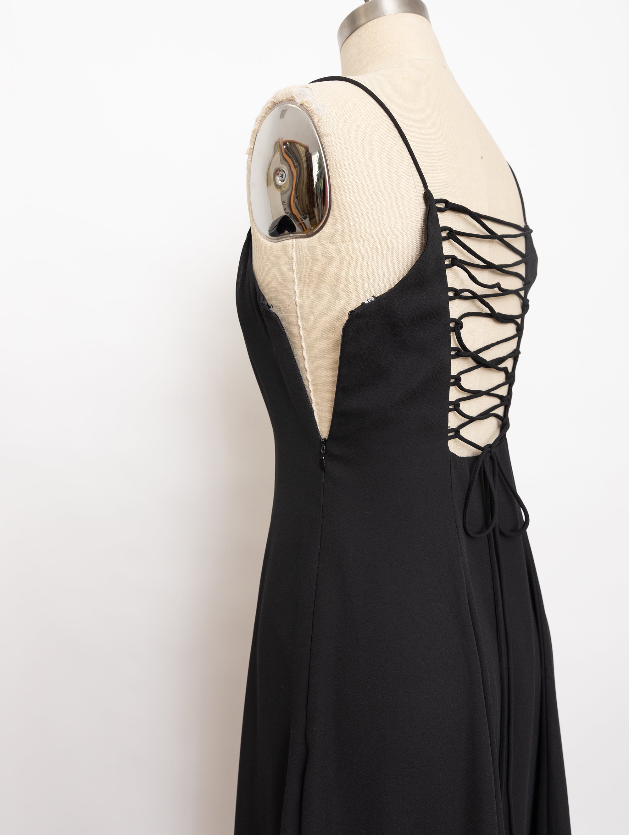 90s black lace up back dress