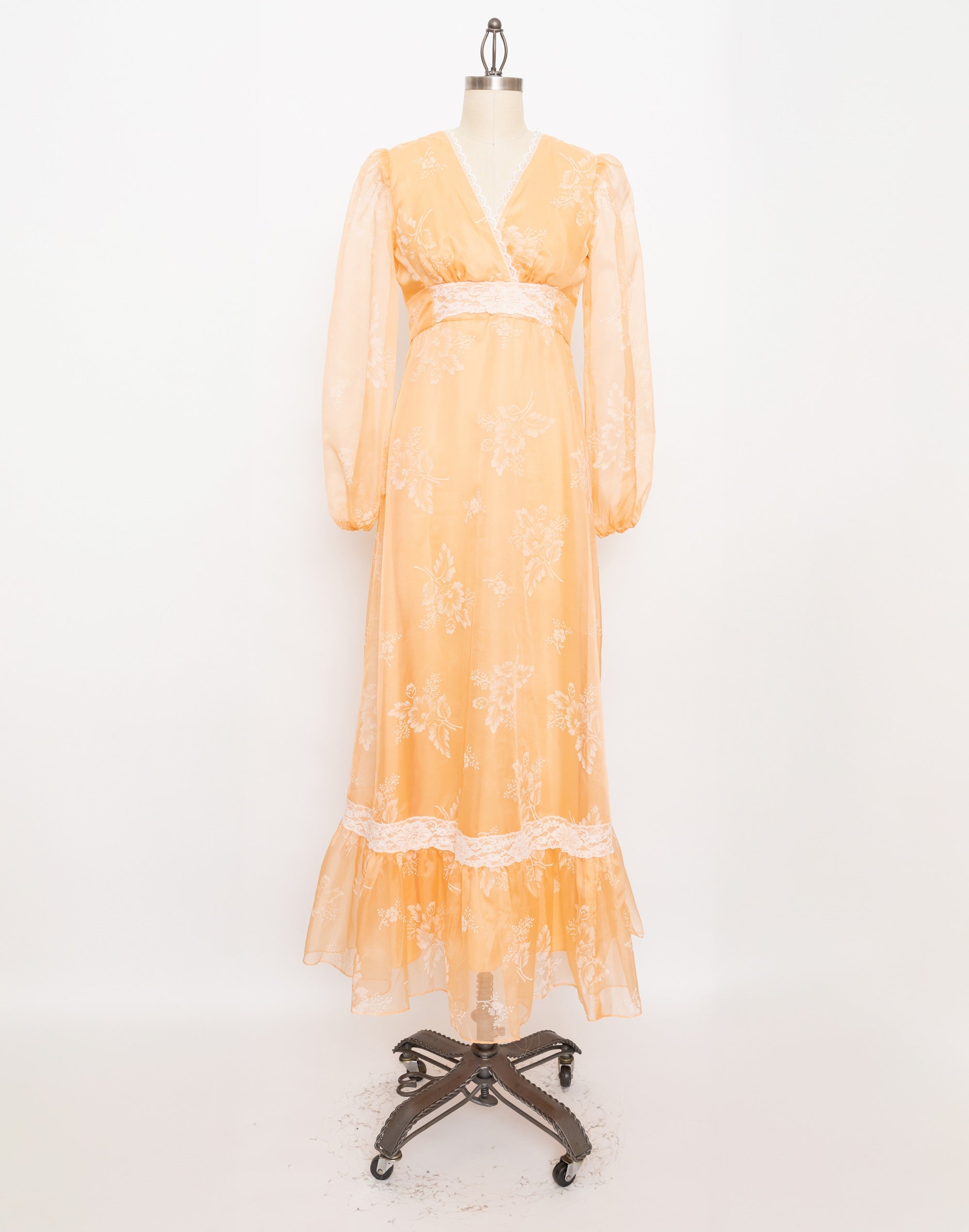 70s peach and white floral maxi dress
