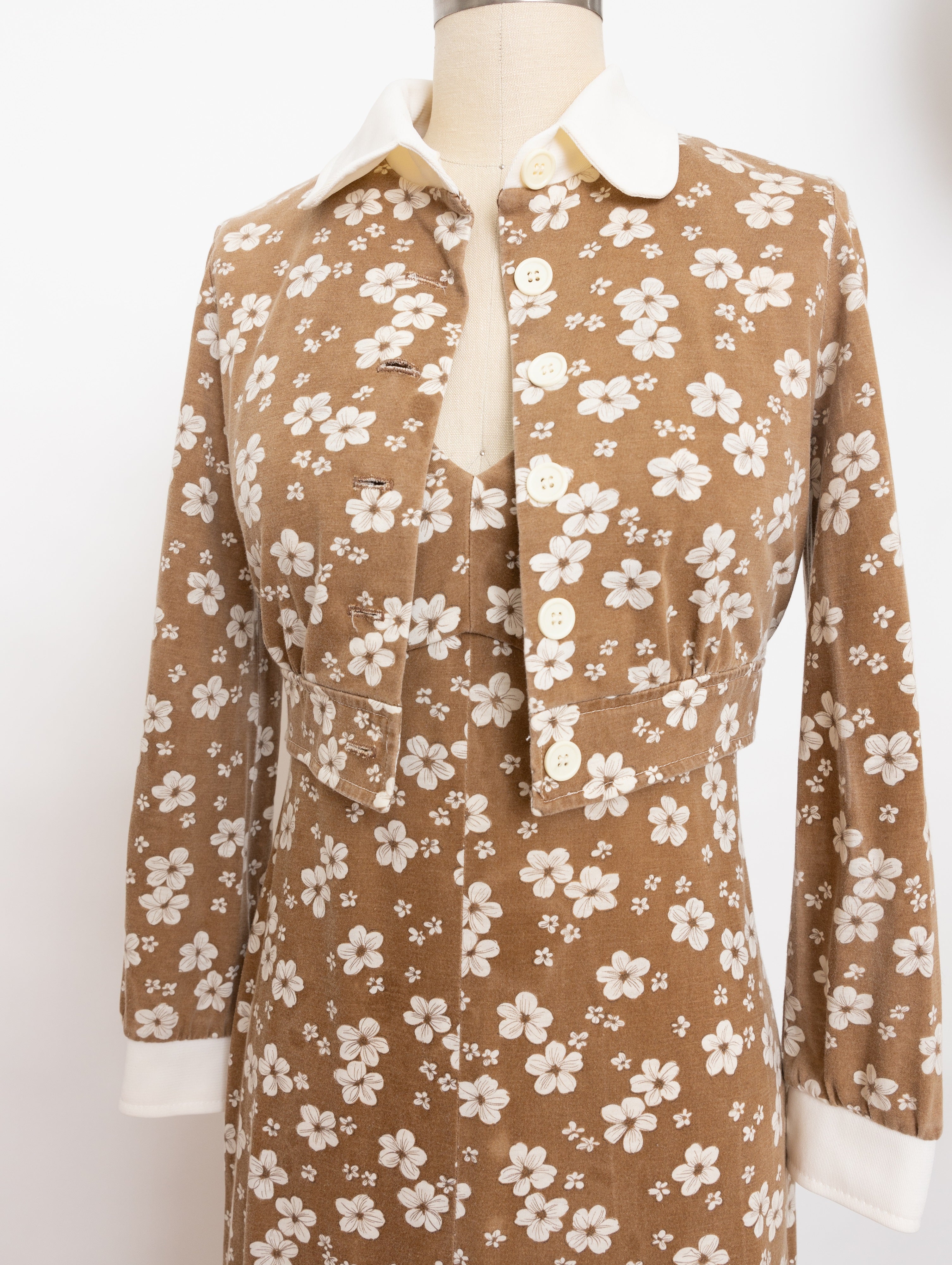 70s kelly arden brown and white flower dress set