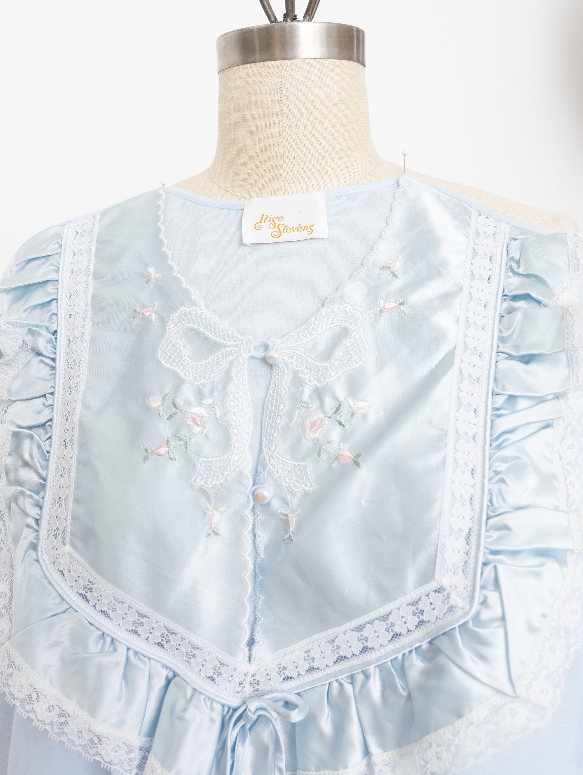 80s light blue satin ribbon lace nightgown