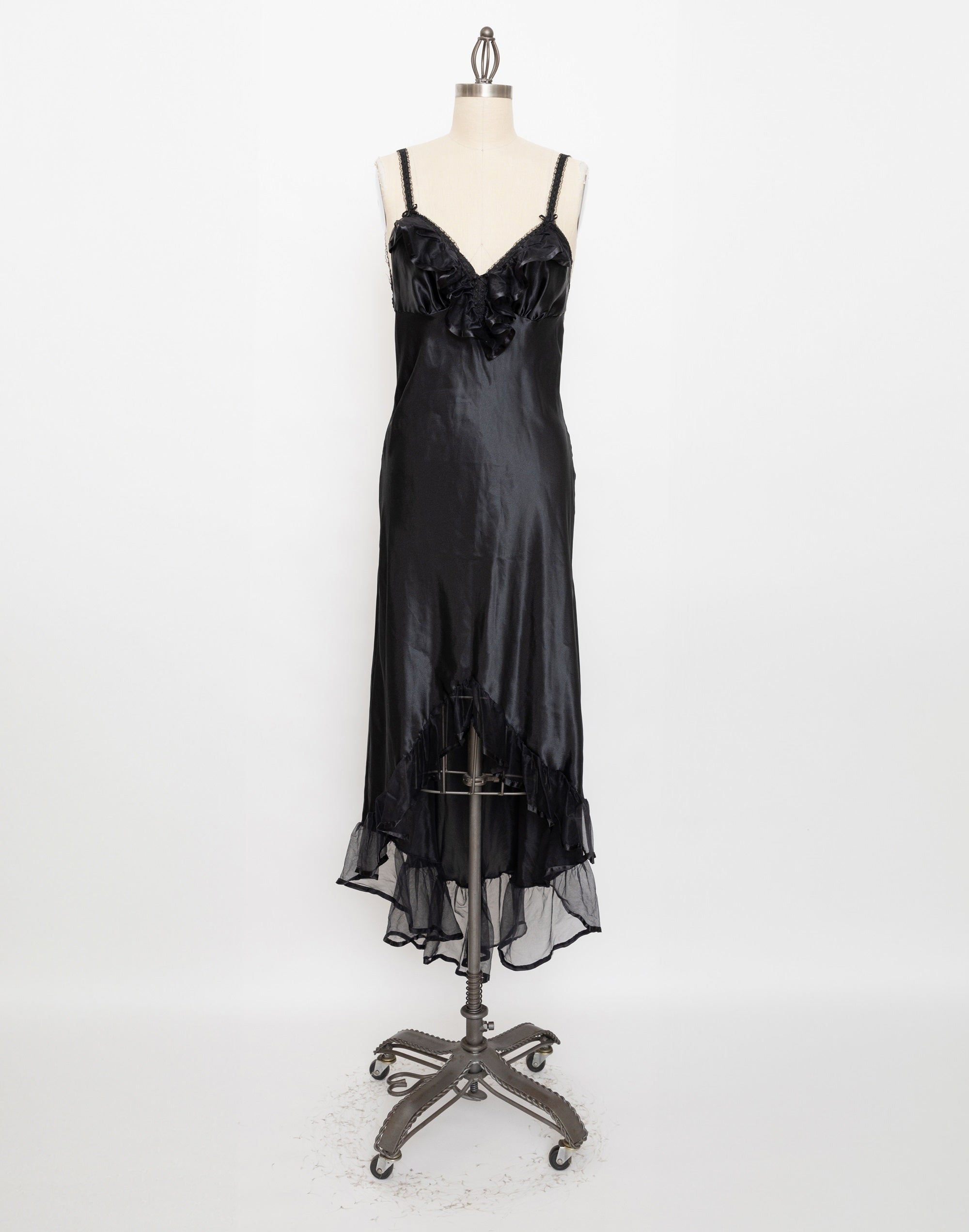 80s black satin ruffle slip dress