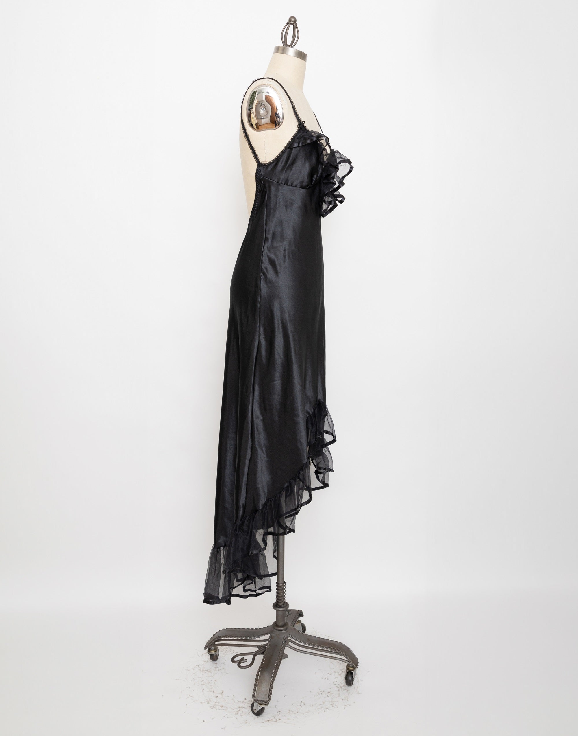 80s black satin ruffle slip dress