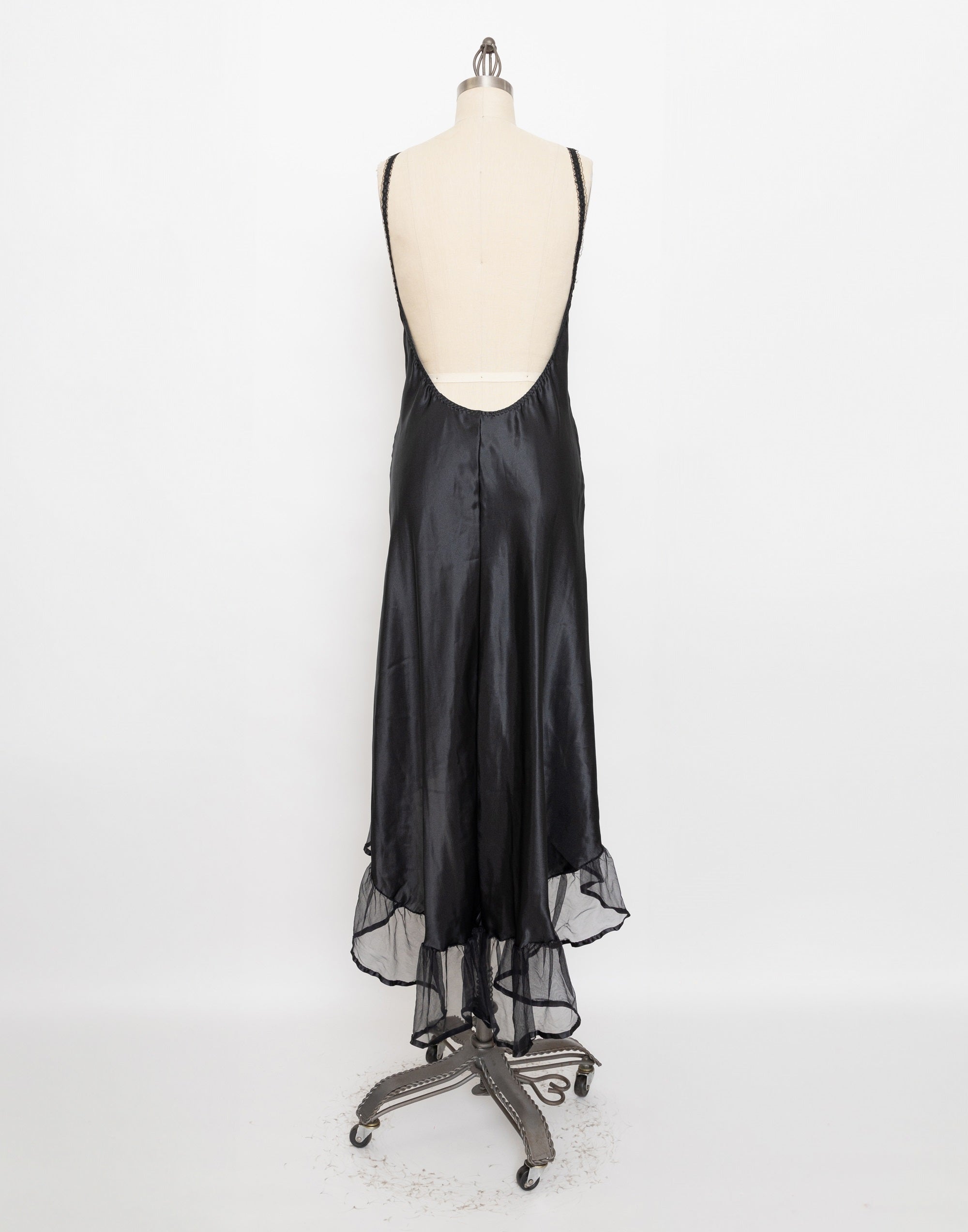 80s black satin ruffle slip dress